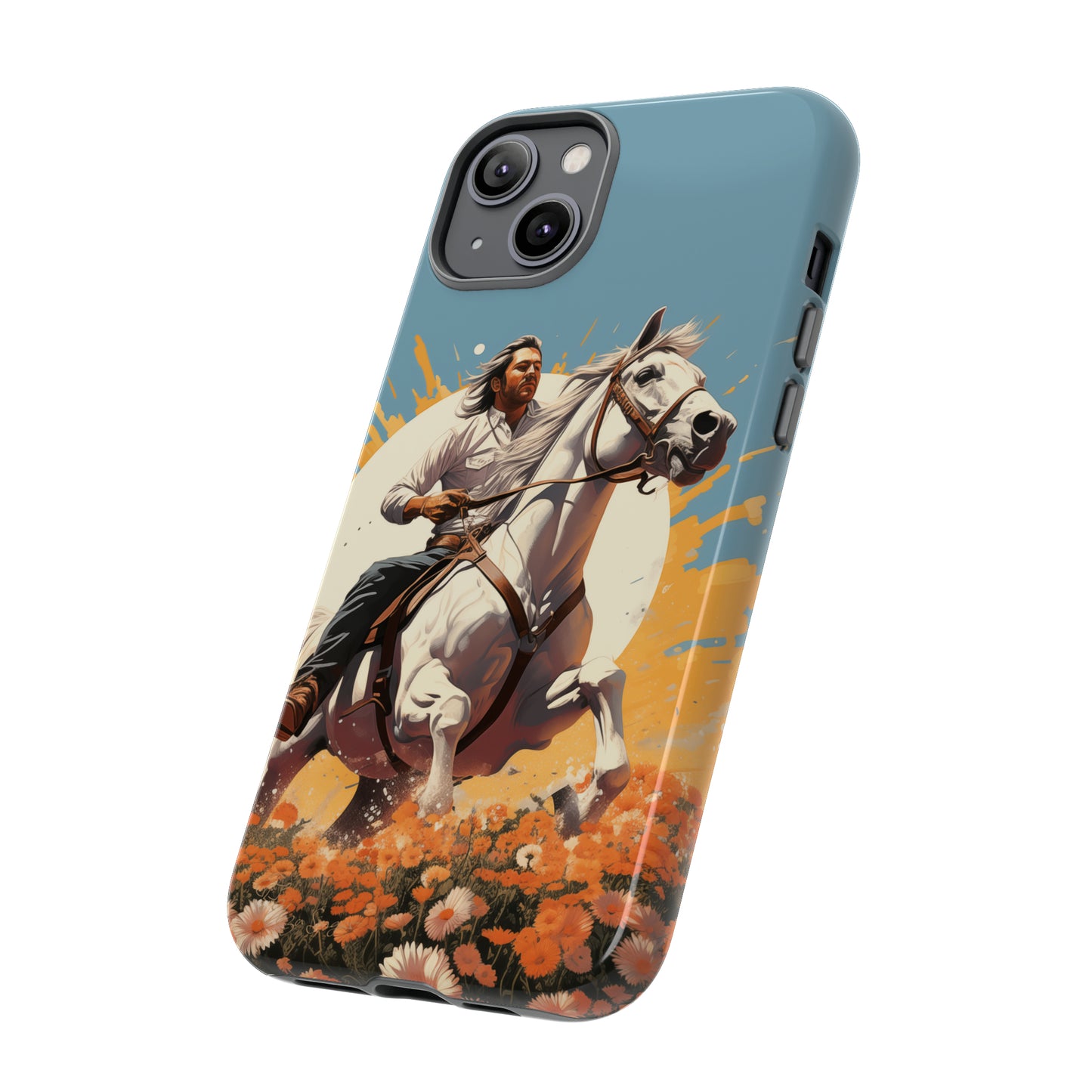 Retro Radiance Unleashed: Behold our Tough Western Cell Phone Case, featuring a vintage white horse and male rider on a vibrant turquoise backdrop. Set in a field of flowers with the sun casting a warm glow, this edition seamlessly blends style with protection. Embrace the past with this retro and stylish accessory. #ElizaSinger #PhoneCase #RetroRadiance