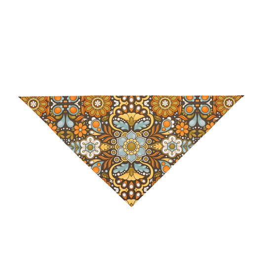 Travel back in time with our Retro Fusion Dog Bandana/Wild Rag. The retro paisley and floral design in yellow, light blue, orange, and white on a brown background adds a nostalgic touch. Crafted from soft-spun polyester, this wild rag ensures comfort and style. Make a fashion statement with this exclusive design, available only at Eliza Singer.