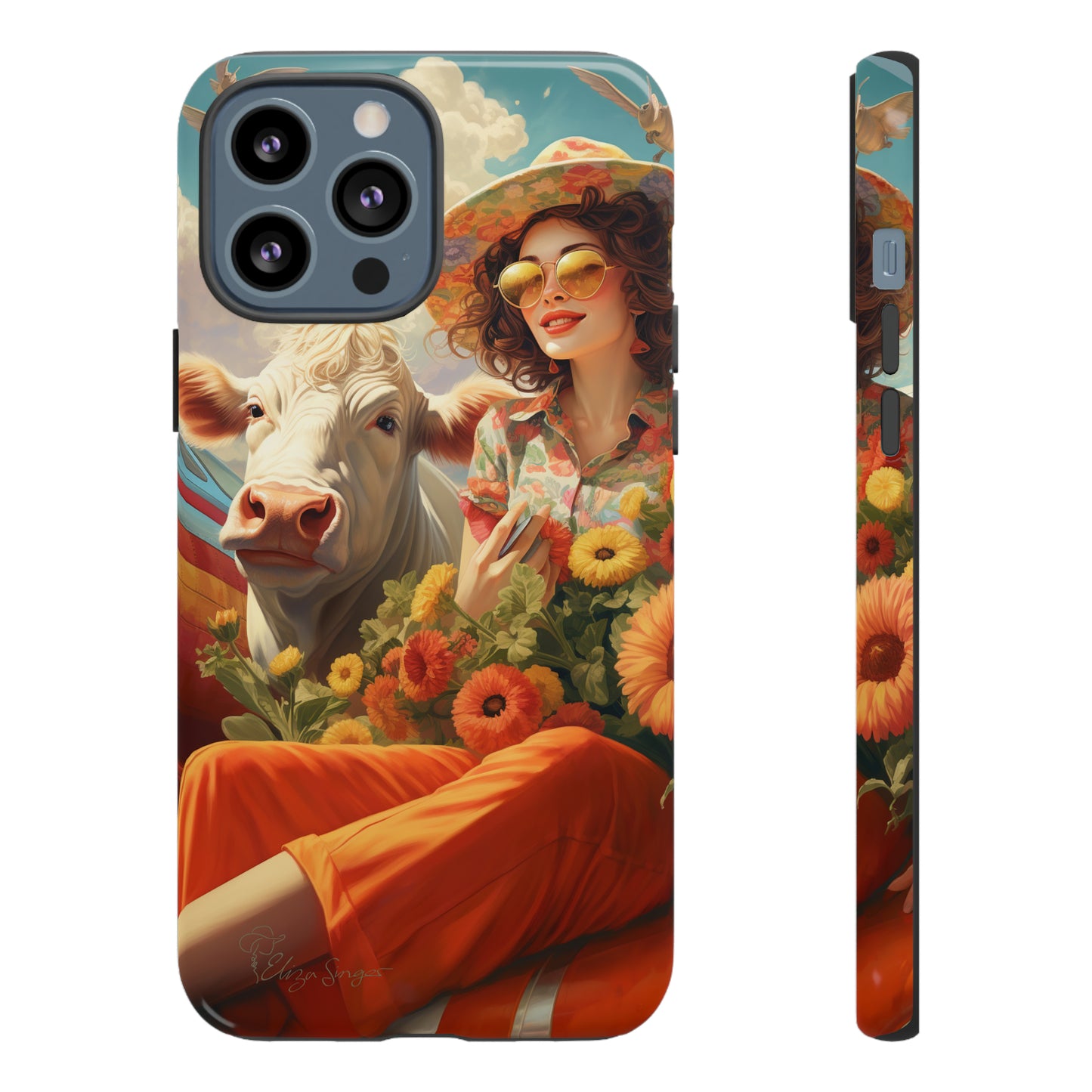 Timeless Retro Charm: Step back in time with our Tough Western Cell Phone Case. Featuring a vintage and bright design, a woman in a hat with daisies is accompanied by a cow looking over her shoulder. Experience the perfect blend of retro aesthetics and durability. Elevate your style with a touch of nostalgia. #ElizaSinger #PhoneCase #RetroStyle