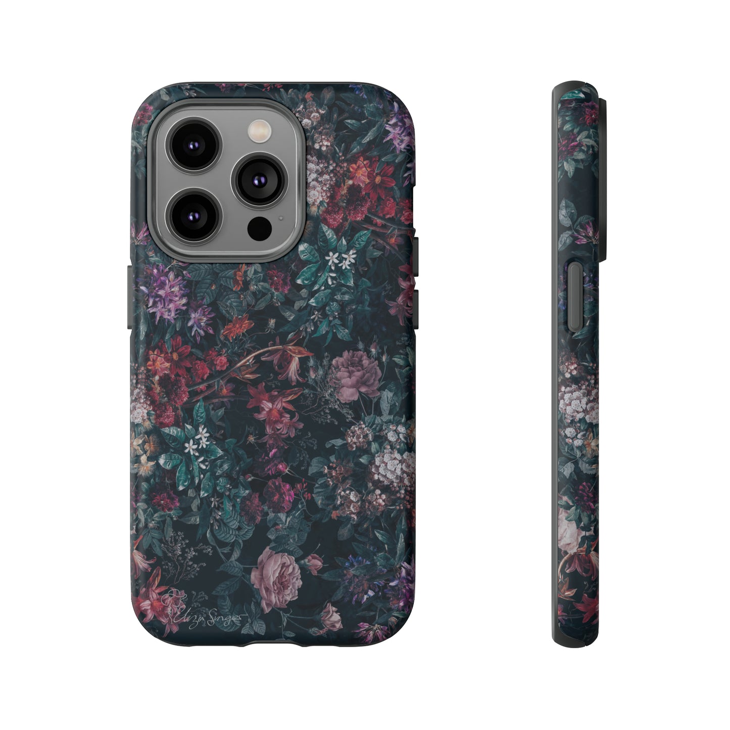 Blooms in Shadows: Botany Floral Dark iPhone Tough Protective Cover. A captivating blend of Flowers in a muted design, compatible with iPhone 15, 14, 13, 12, 11, XS, XR Pro/Max/Mini/P/Plus. Unleash Nature's Elegance with Durability and Style. #ElizaSinger #PhoneCase #FloralDesign