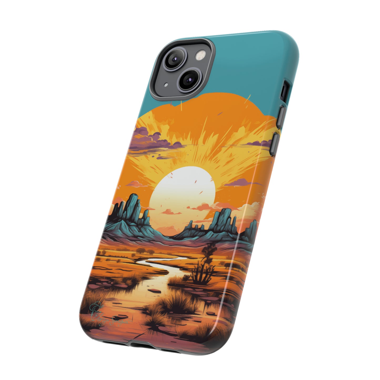 Introducing our Tough Western Cell Phone Case: Turquoise Twilight Oasis Edition! This captivating design showcases a serene landscape with a turquoise background and a mesmerizing setting sun. Enjoy the perfect blend of rugged protection and artistic flair.