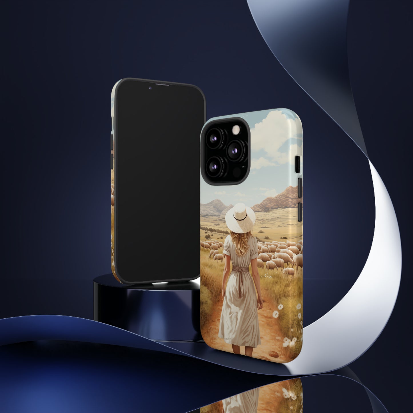 Dreamy Nostalgia: Immerse yourself in a vintage painted landscape with our Tough Western Cell Phone Case. Adorned with a woman in a hat strolling through a prairie with sheep, this edition captures the magic of the past. Elevate your phone with timeless charm. #ElizaSinger #PhoneCase