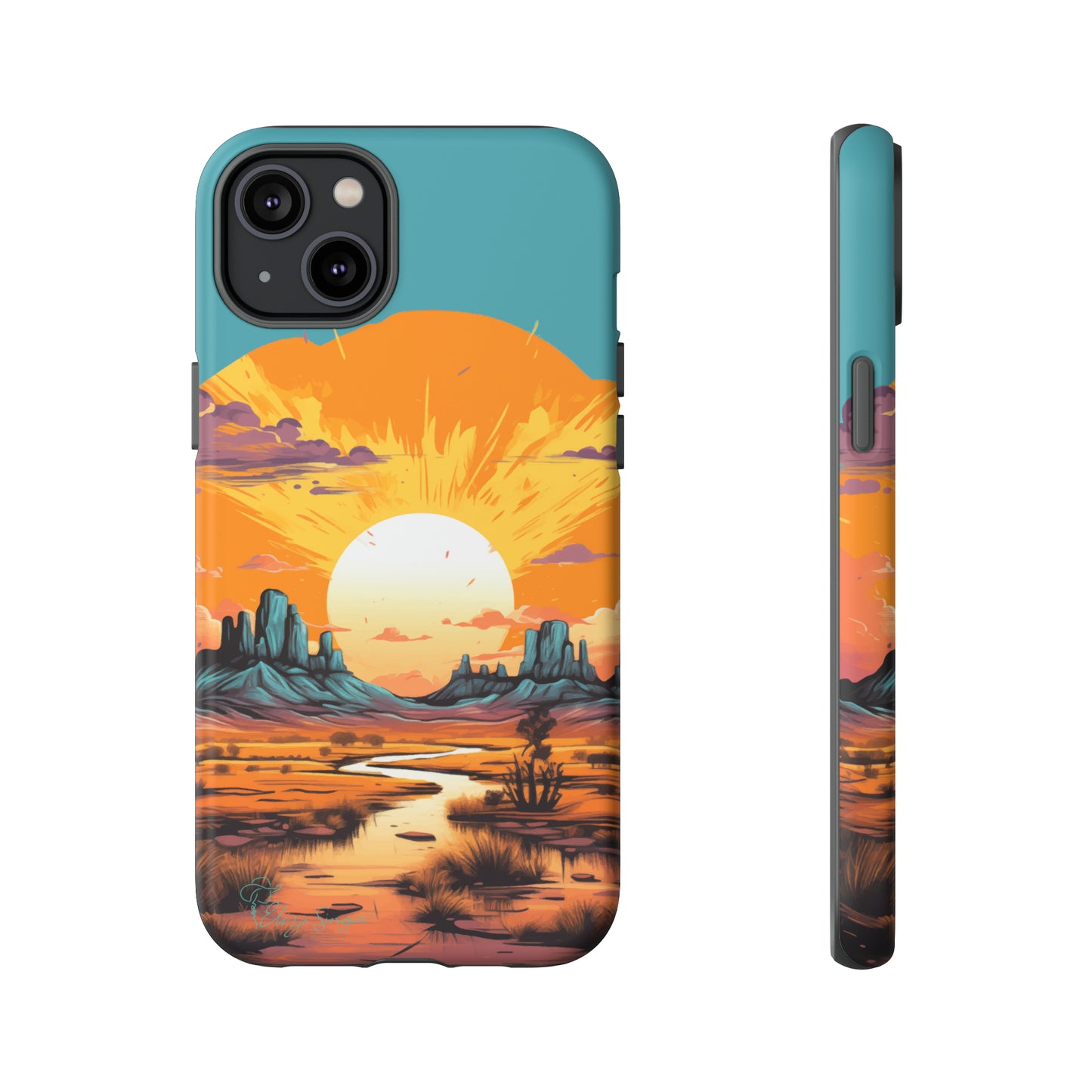 Introducing our Tough Western Cell Phone Case: Turquoise Twilight Oasis Edition! This captivating design showcases a serene landscape with a turquoise background and a mesmerizing setting sun. Enjoy the perfect blend of rugged protection and artistic flair.