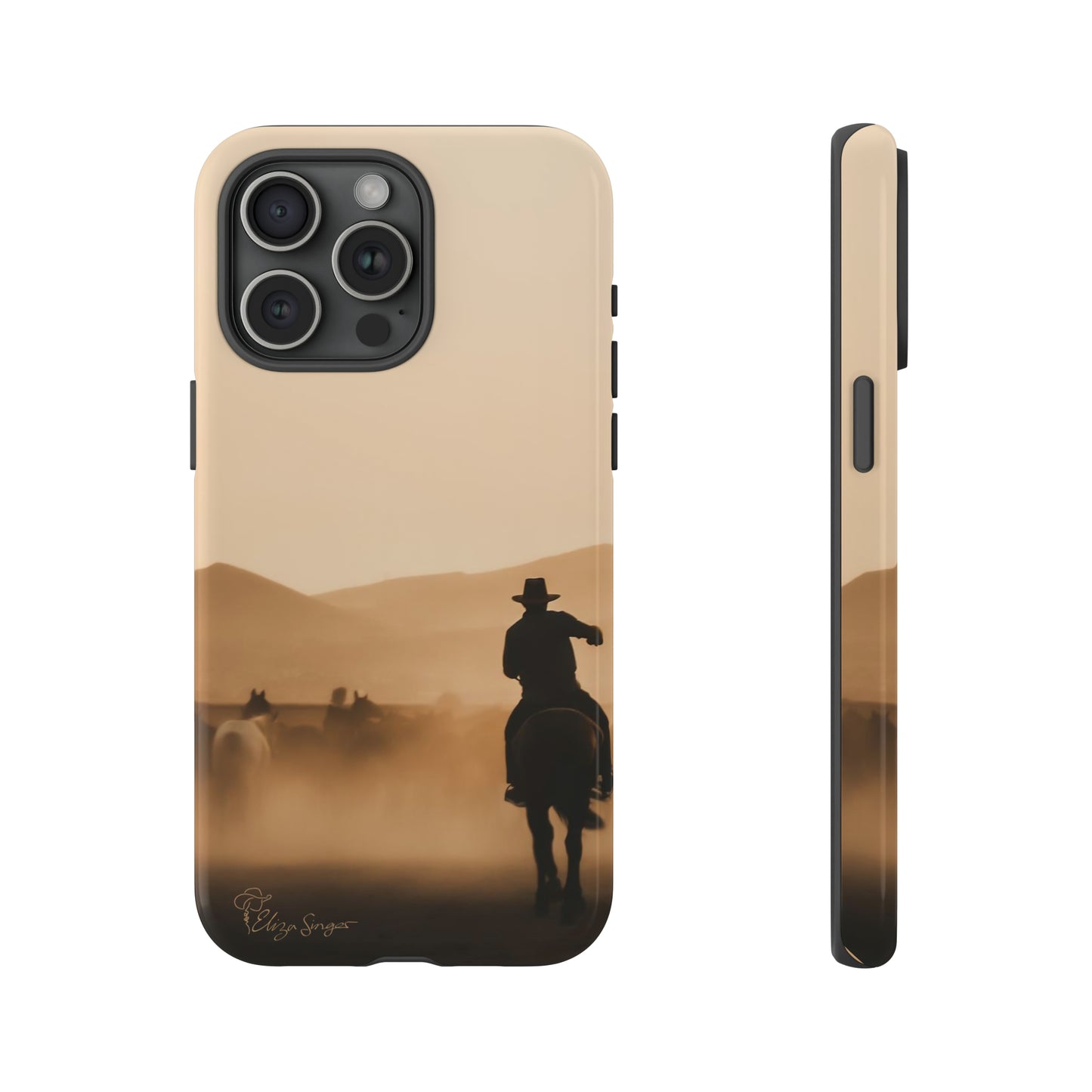 Capture the Western Spirit: Horse Art Western Photo Yellowstone Design iPhone Tough Protective Cover. Featuring a Cowboy amidst Mountains and Buckskin hues. Compatible with iPhone 15, 14, 13, XS, XR Pro/Max/Mini/P/Plus. Bring the Wild West to Your Device with Style and Durability. #ElizaSinger #PhoneCase #WesternDesign