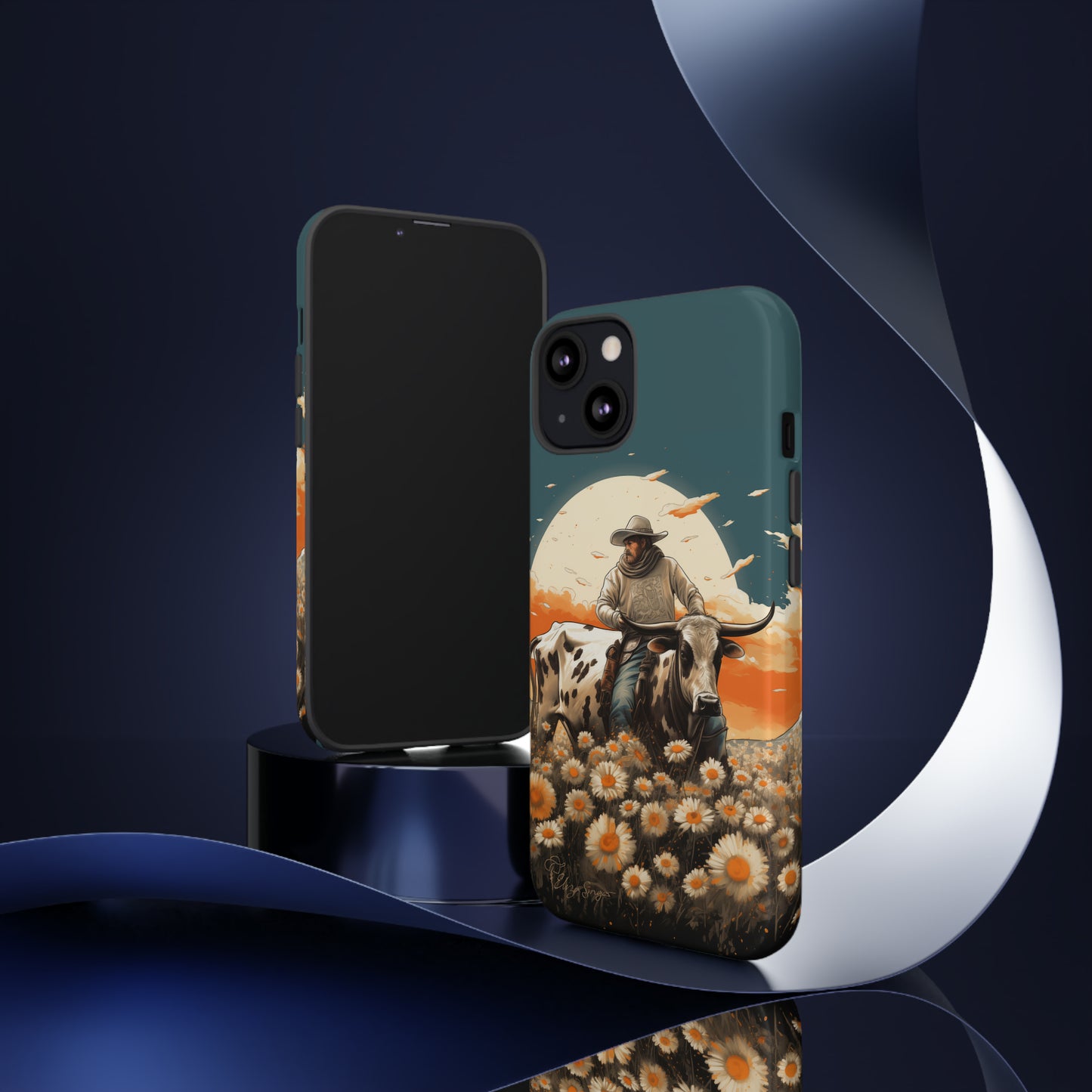 Harmony of Contrasts: Dive into our Tough Cell Phone Case, a visual symphony featuring a bullrider on a black and white dairy cow amidst a vibrant field of flowers. This edition effortlessly merges toughness with artistic flair, offering a unique and captivating contrast. Elevate your phone with rugged elegance. #ElizaSinger #PhoneCase #ContrastHarmony