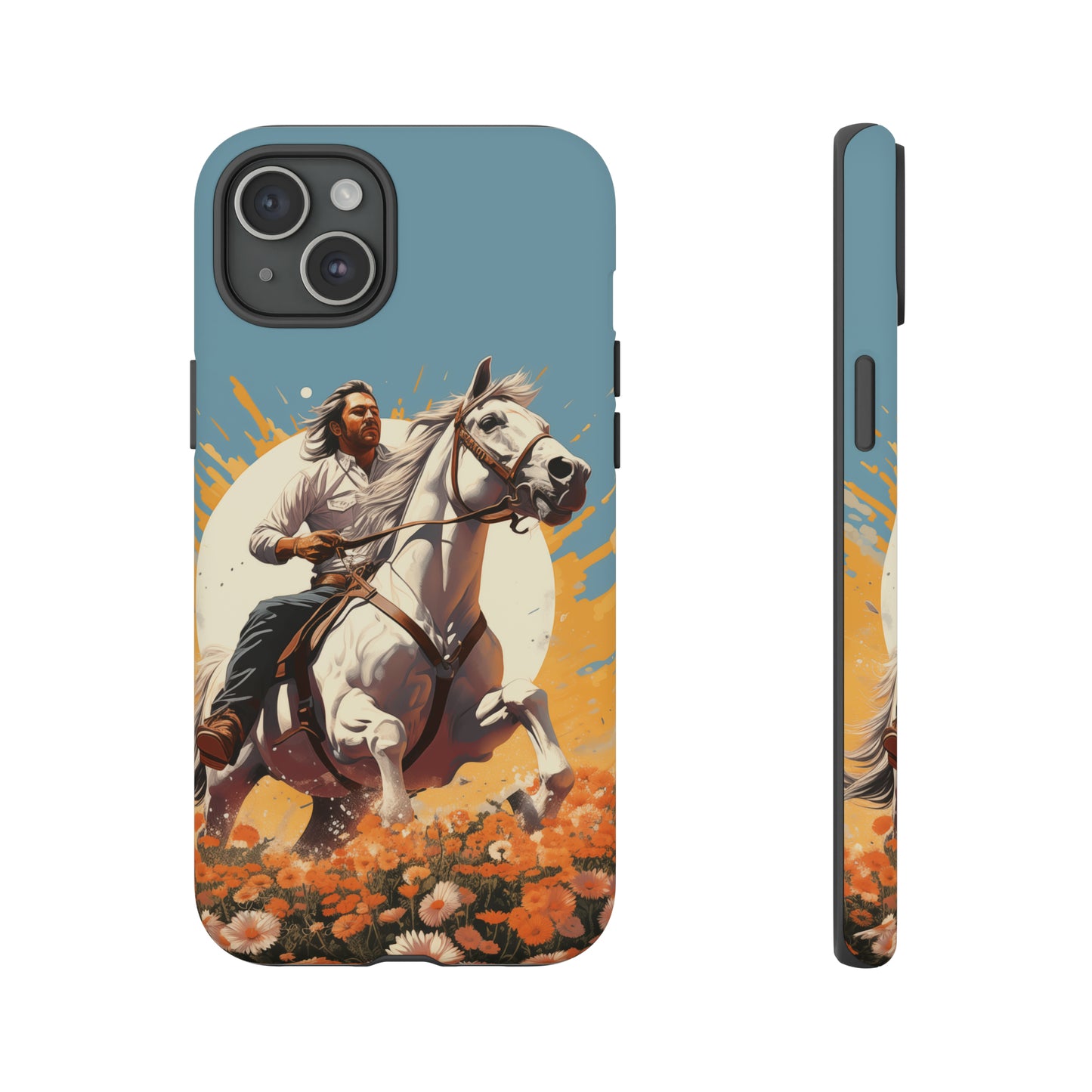 Retro Radiance Unleashed: Behold our Tough Western Cell Phone Case, featuring a vintage white horse and male rider on a vibrant turquoise backdrop. Set in a field of flowers with the sun casting a warm glow, this edition seamlessly blends style with protection. Embrace the past with this retro and stylish accessory. #ElizaSinger #PhoneCase #RetroRadiance