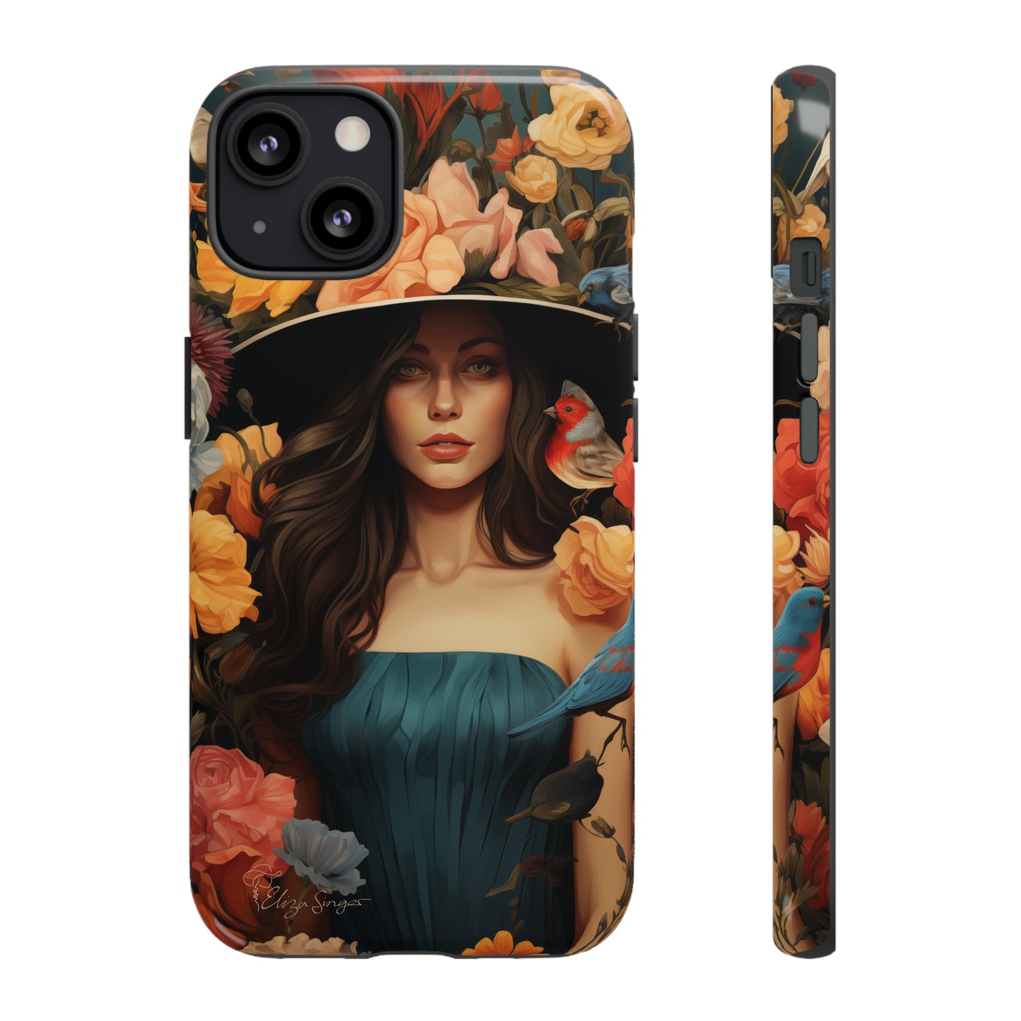 Dark Elegance Unveiled: Explore our Tough Cell Phone Case with a captivating dark background and a woman adorned with a hat amid blooming flowers. This edition seamlessly blends sophistication with robust protection, showcasing the allure of dark elegance. Elevate your style and shield your device. #ElizaSinger #PhoneCase #ElegantProtection