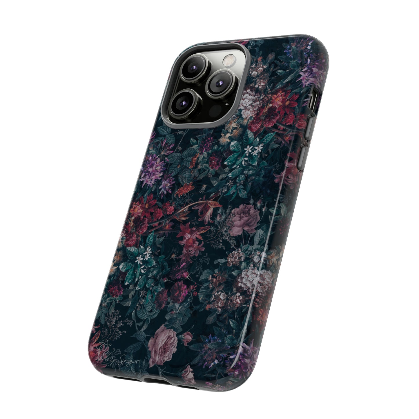 Blooms in Shadows: Botany Floral Dark iPhone Tough Protective Cover. A captivating blend of Flowers in a muted design, compatible with iPhone 15, 14, 13, 12, 11, XS, XR Pro/Max/Mini/P/Plus. Unleash Nature's Elegance with Durability and Style. #ElizaSinger #PhoneCase #FloralDesign