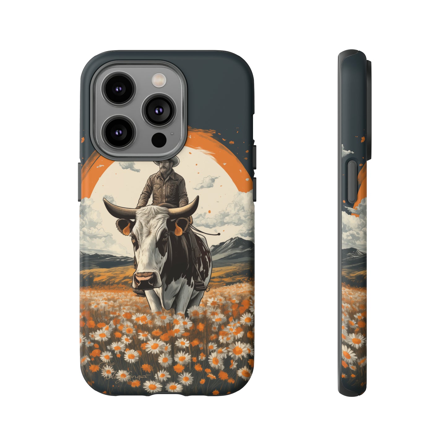 Meet 'Rugged Wrangler': Introducing our Tough Western Cell Phone Case. This unique design seamlessly combines rugged protection with a touch of whimsy, showcasing a fearless cowboy astride a dairy cow amidst a field of vibrant daisies. Elevate your style with this adventurous and protective accessory. #ElizaSinger #PhoneCase #RuggedWrangler