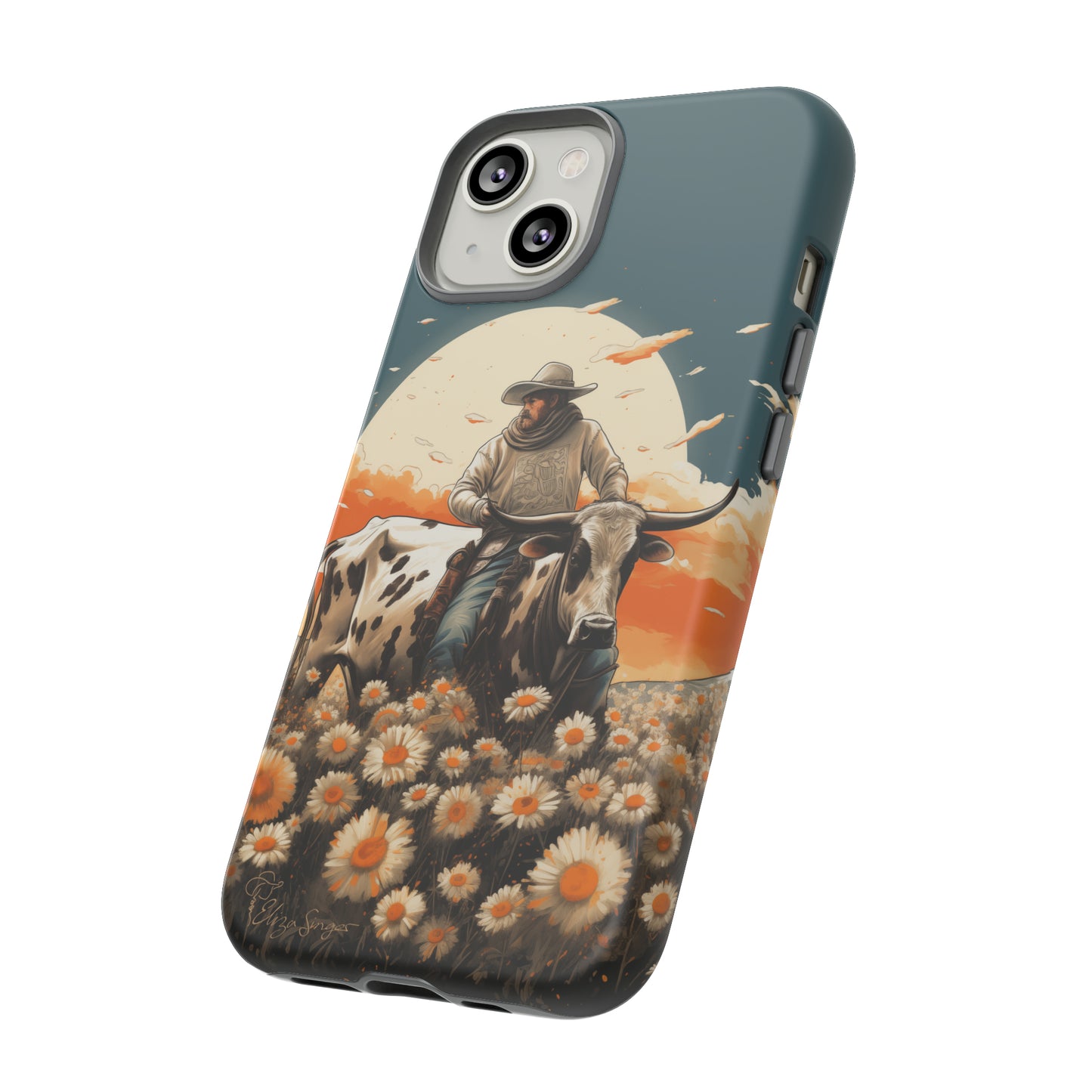 Harmony of Contrasts: Dive into our Tough Cell Phone Case, a visual symphony featuring a bullrider on a black and white dairy cow amidst a vibrant field of flowers. This edition effortlessly merges toughness with artistic flair, offering a unique and captivating contrast. Elevate your phone with rugged elegance. #ElizaSinger #PhoneCase #ContrastHarmony
