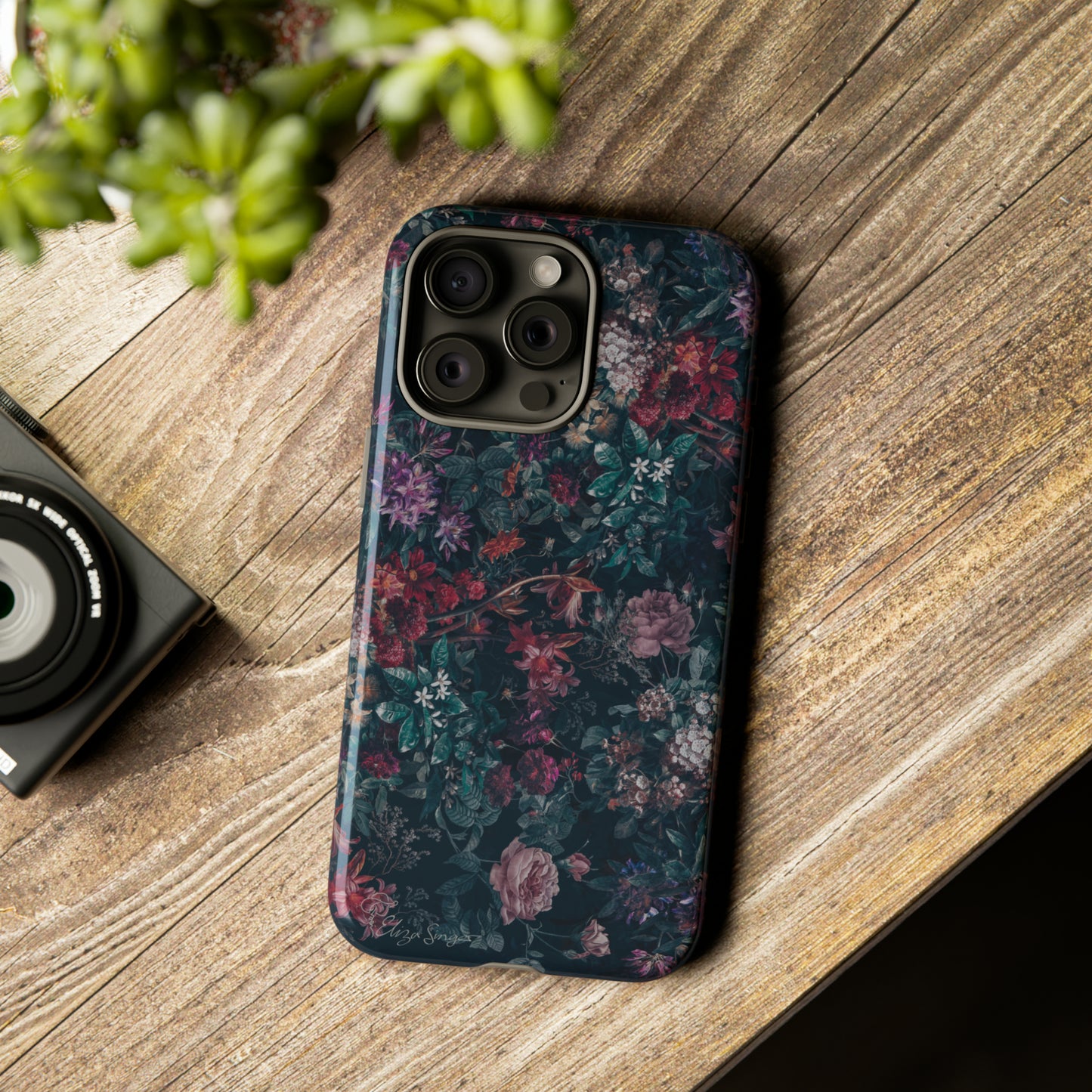 Blooms in Shadows: Botany Floral Dark iPhone Tough Protective Cover. A captivating blend of Flowers in a muted design, compatible with iPhone 15, 14, 13, 12, 11, XS, XR Pro/Max/Mini/P/Plus. Unleash Nature's Elegance with Durability and Style. #ElizaSinger #PhoneCase #FloralDesign