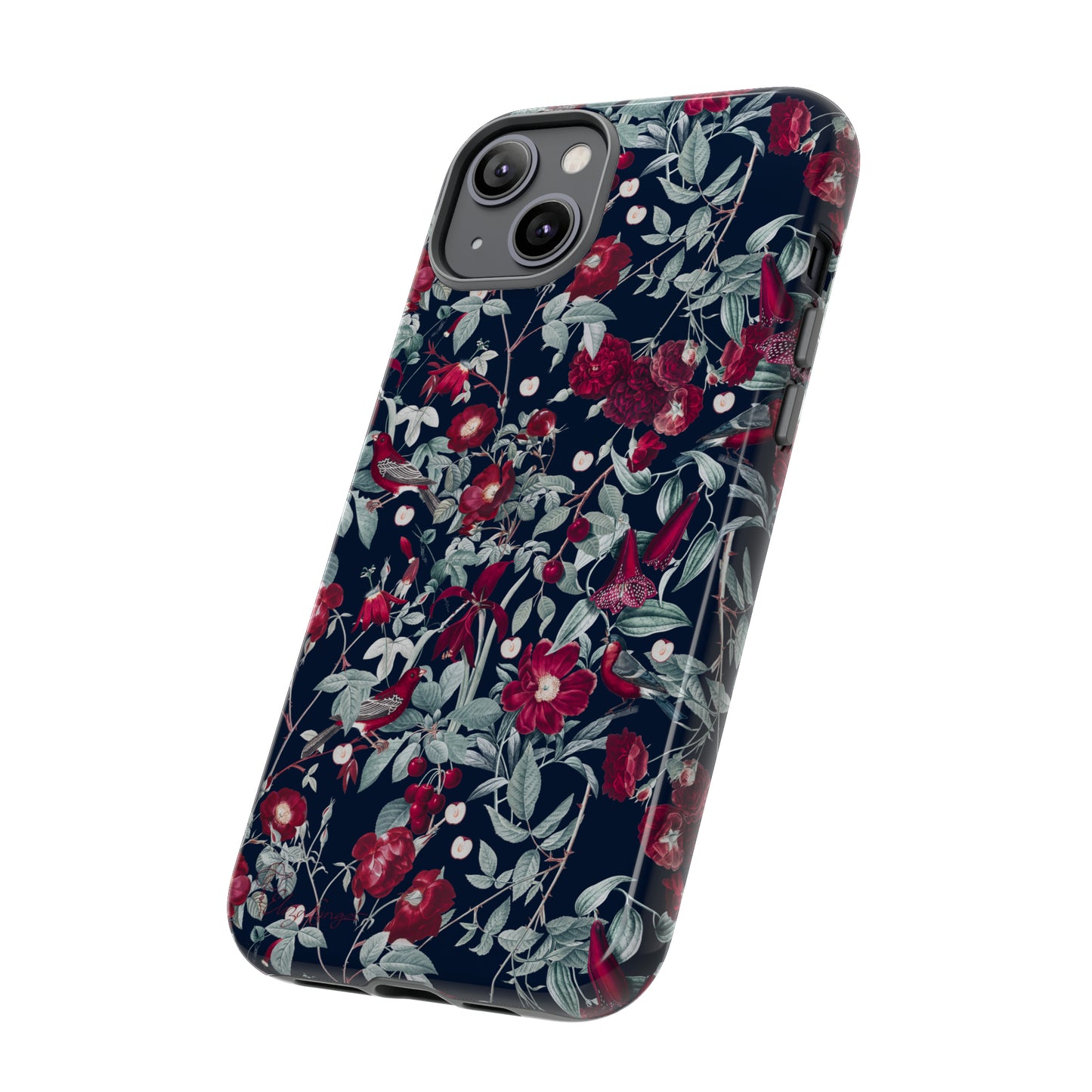 Blossom Serenade: Cherry Blossom Serenade Burgundy Navy Dark iPhone Tough Protective Cover. A captivating blend of Flowers in burgundy and navy hues, featuring a muted design. Compatible with iPhone 15, 14, 13, XS, XR Pro/Max/Mini/P/Plus. Elevate your device with this enchanting and stylish protective cover. #ElizaSinger #PhoneCase #FloralDesign