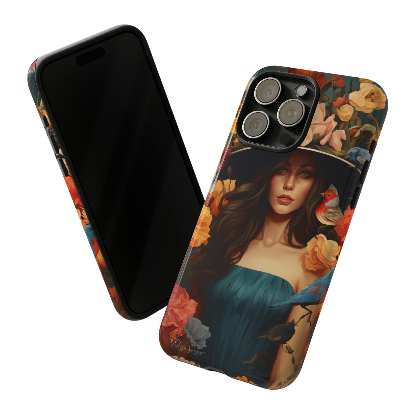 Dark Elegance Unveiled: Explore our Tough Cell Phone Case with a captivating dark background and a woman adorned with a hat amid blooming flowers. This edition seamlessly blends sophistication with robust protection, showcasing the allure of dark elegance. Elevate your style and shield your device. #ElizaSinger #PhoneCase #ElegantProtection
