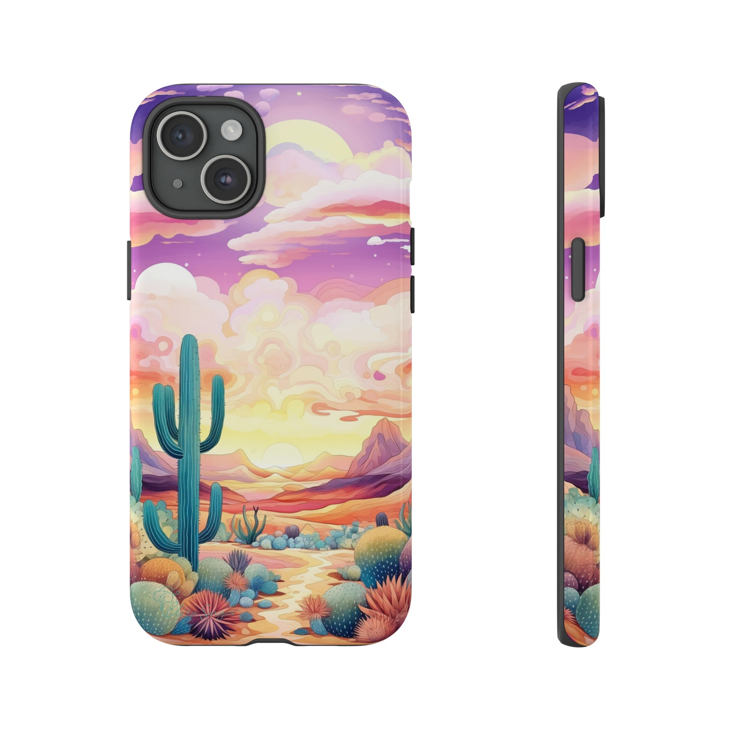 Introducing our Western Tough Cell Phone Case: Psychedelic Desert Dream Edition! Step into a surreal world with a psychedelic desert landscape, dreamy sky, and cactus. This case combines rugged protection with a touch of otherworldly charm.