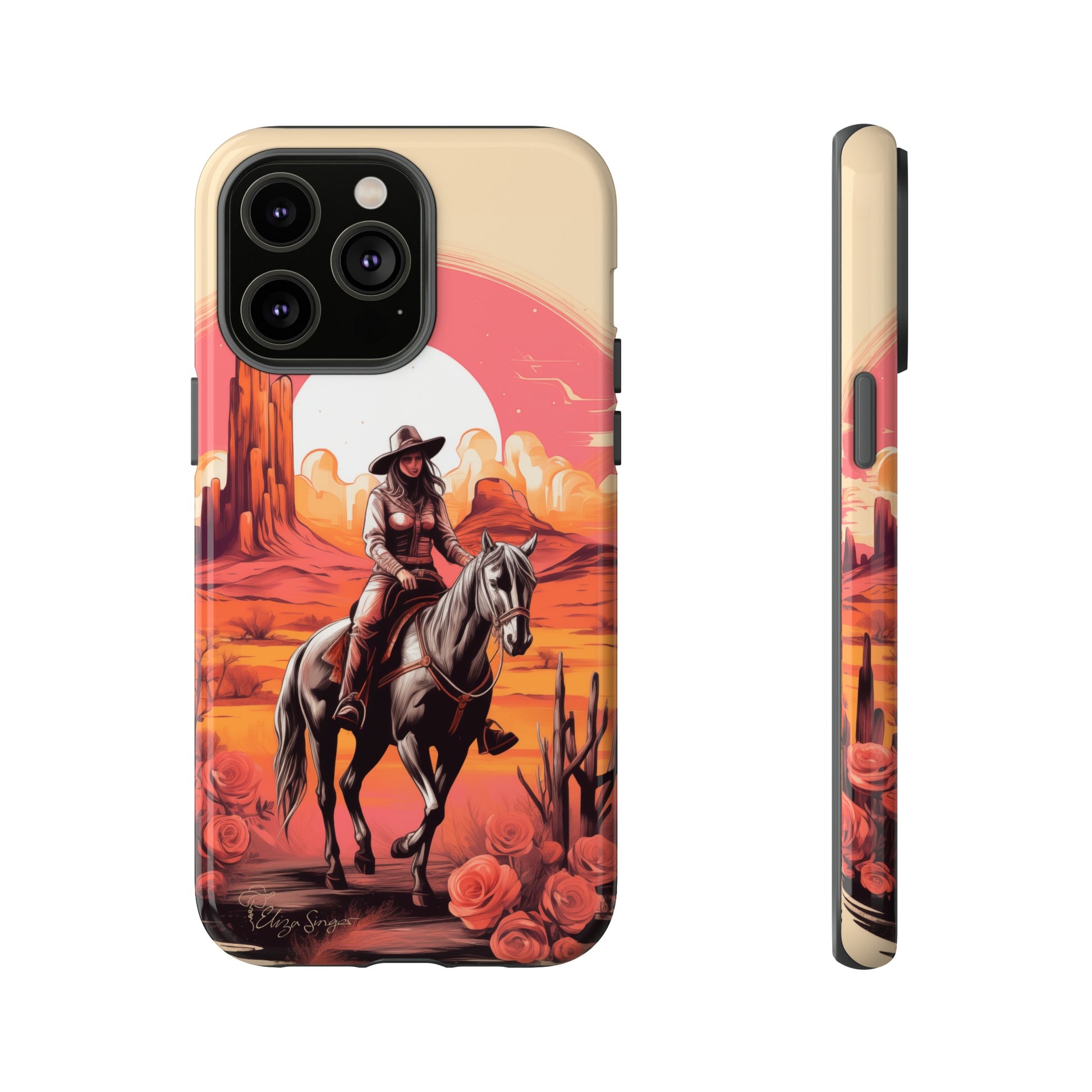 Feminine Adventure Unleashed: Introducing our Tough Western Cell Phone Case, adorned with a stunning design of a cowgirl riding a horse through the desert, surrounded by shades of coral. This unique edition seamlessly combines rugged protection with a touch of feminine flair. Elevate your style with a dash of adventurous charm. #ElizaSinger #PhoneCase #FeminineAdventure