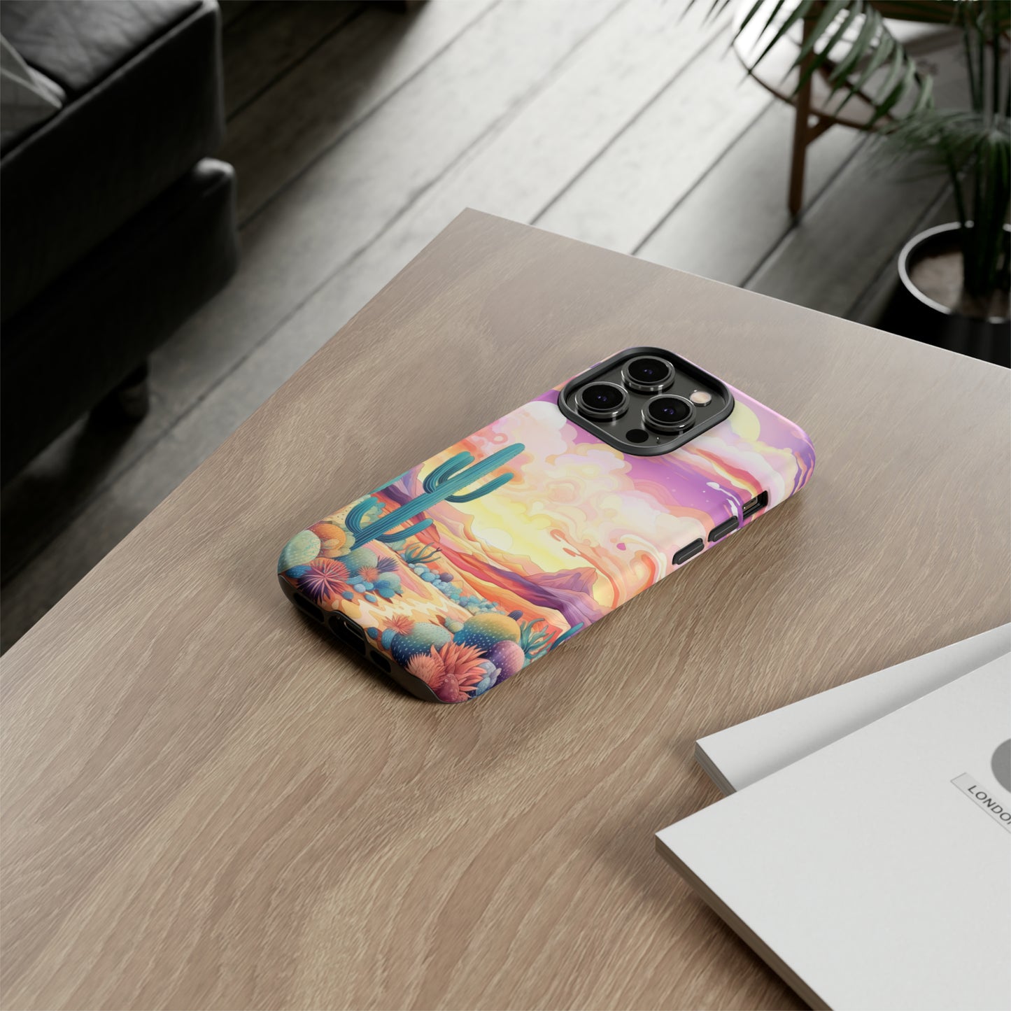 Introducing our Western Tough Cell Phone Case: Psychedelic Desert Dream Edition! Step into a surreal world with a psychedelic desert landscape, dreamy sky, and cactus. This case combines rugged protection with a touch of otherworldly charm.