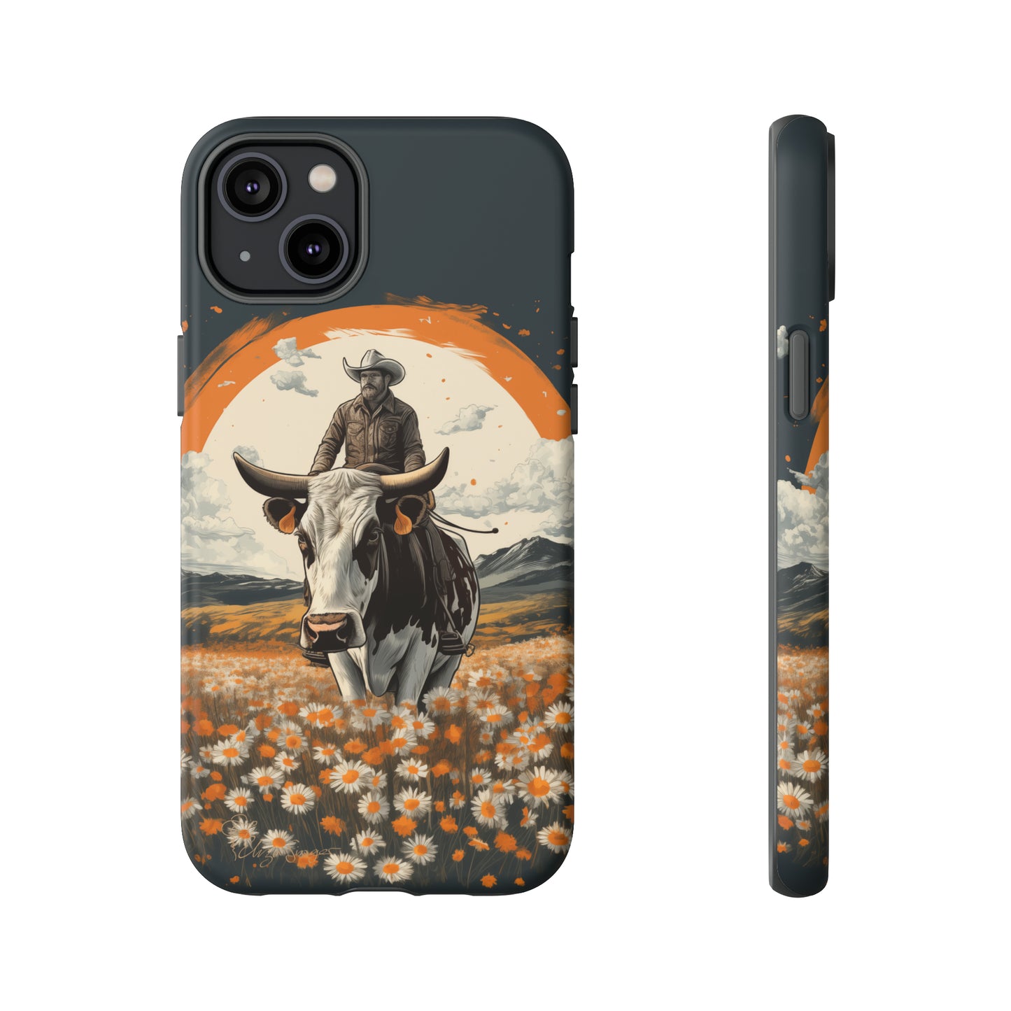 Meet 'Rugged Wrangler': Introducing our Tough Western Cell Phone Case. This unique design seamlessly combines rugged protection with a touch of whimsy, showcasing a fearless cowboy astride a dairy cow amidst a field of vibrant daisies. Elevate your style with this adventurous and protective accessory. #ElizaSinger #PhoneCase #RuggedWrangler