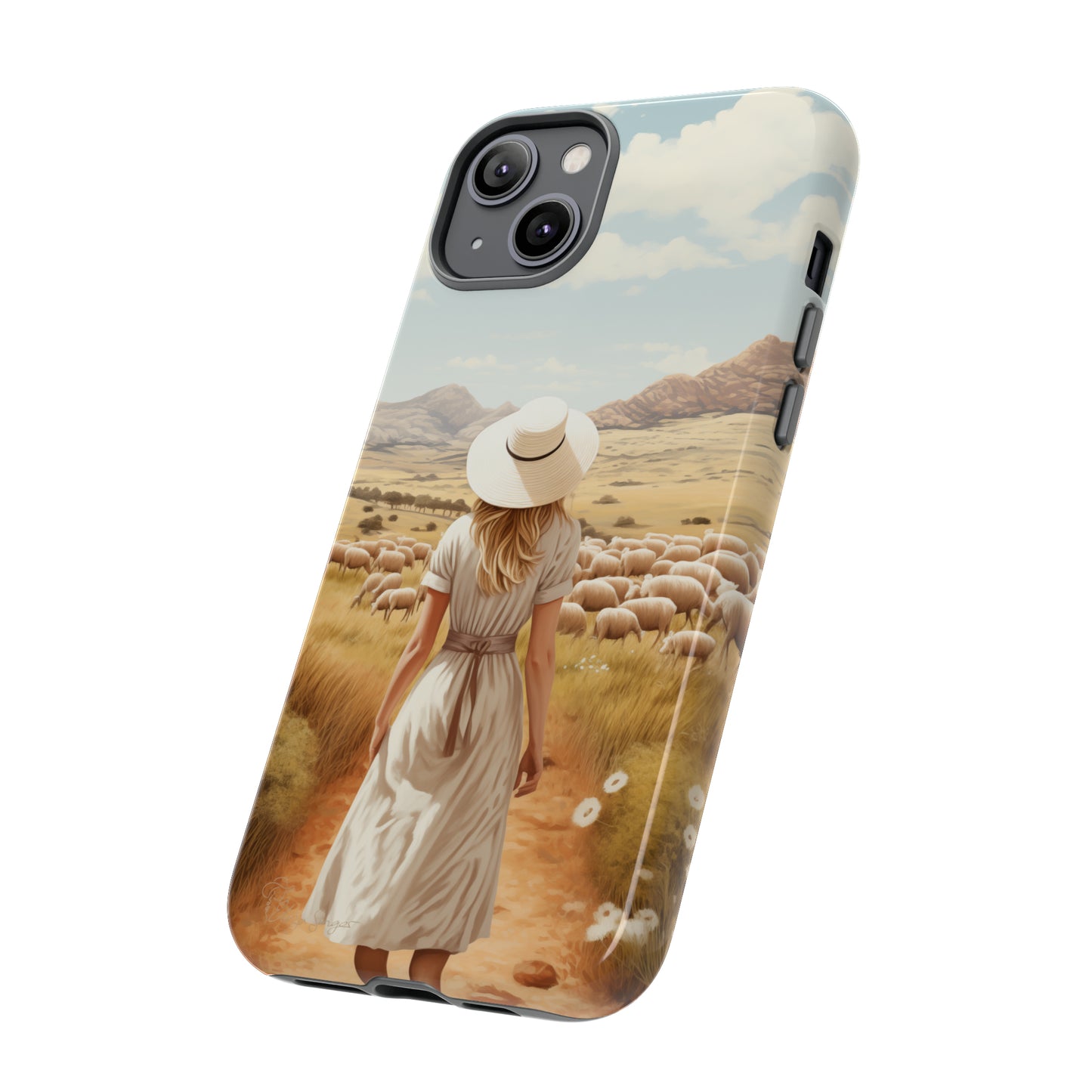 Dreamy Nostalgia: Immerse yourself in a vintage painted landscape with our Tough Western Cell Phone Case. Adorned with a woman in a hat strolling through a prairie with sheep, this edition captures the magic of the past. Elevate your phone with timeless charm. #ElizaSinger #PhoneCase