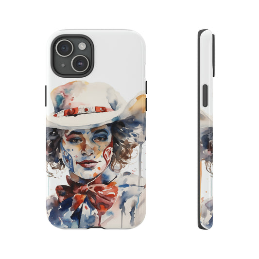 Presenting our Tough Western Cell Phone Case: Rodeo Clown Watercolor Gal Edition! This one-of-a-kind design showcases a vibrant watercolor portrayal of a woman as a rodeo clown on a white background. Enjoy the fusion of artistry and robust phone protection.