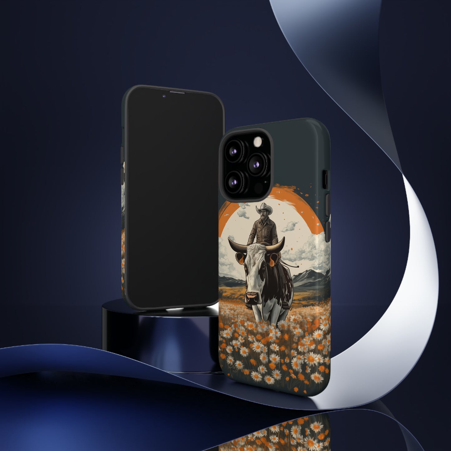 Meet 'Rugged Wrangler': Introducing our Tough Western Cell Phone Case. This unique design seamlessly combines rugged protection with a touch of whimsy, showcasing a fearless cowboy astride a dairy cow amidst a field of vibrant daisies. Elevate your style with this adventurous and protective accessory. #ElizaSinger #PhoneCase #RuggedWrangler