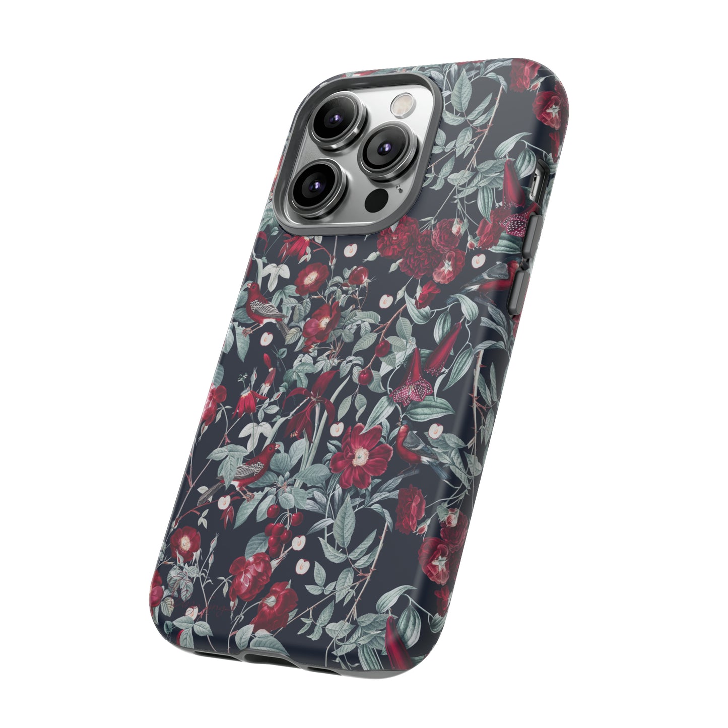 Blossom Serenade: Cherry Blossom Serenade Burgundy Navy Dark iPhone Tough Protective Cover. A captivating blend of Flowers in burgundy and navy hues, featuring a muted design. Compatible with iPhone 15, 14, 13, XS, XR Pro/Max/Mini/P/Plus. Elevate your device with this enchanting and stylish protective cover. #ElizaSinger #PhoneCase #FloralDesign