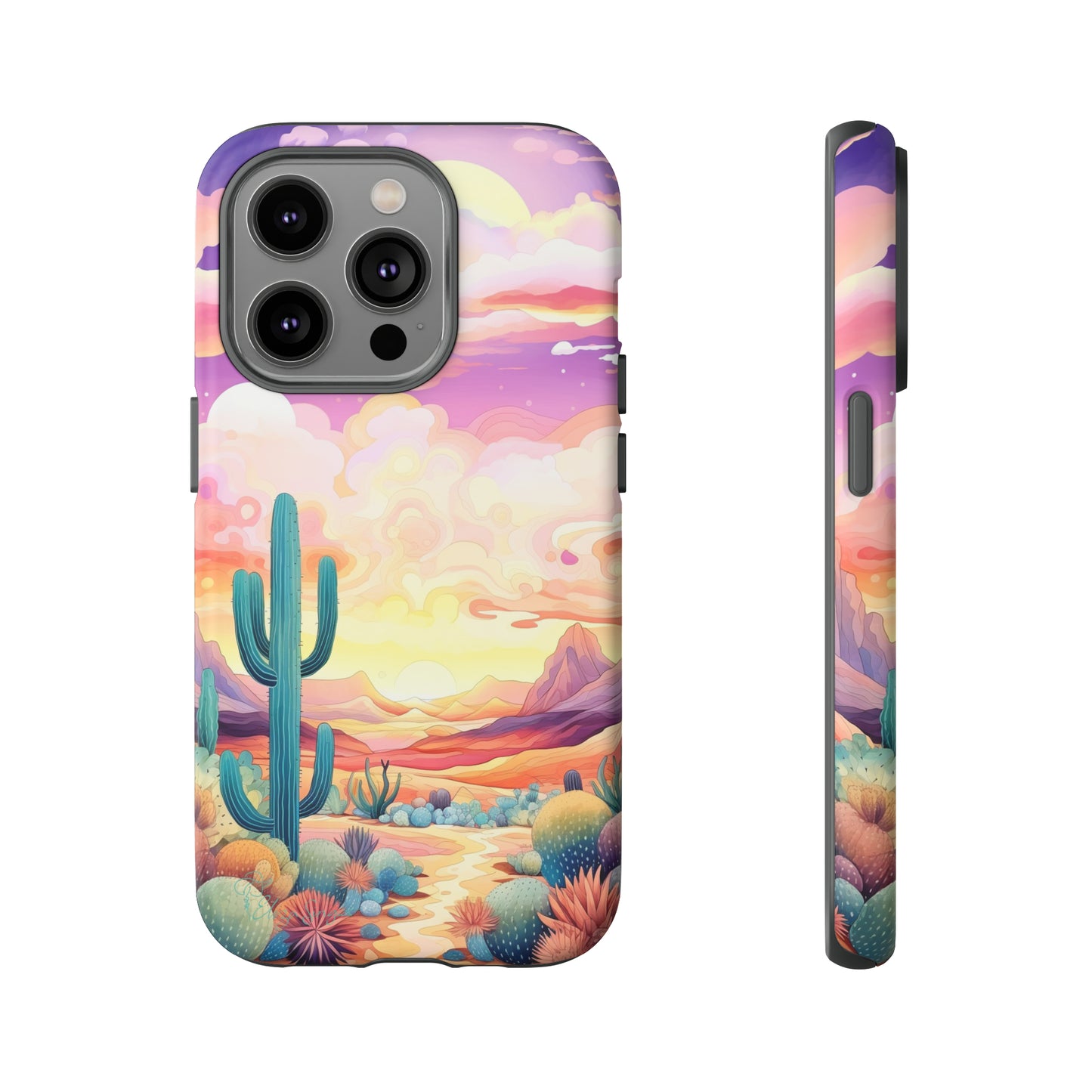Introducing our Western Tough Cell Phone Case: Psychedelic Desert Dream Edition! Step into a surreal world with a psychedelic desert landscape, dreamy sky, and cactus. This case combines rugged protection with a touch of otherworldly charm.