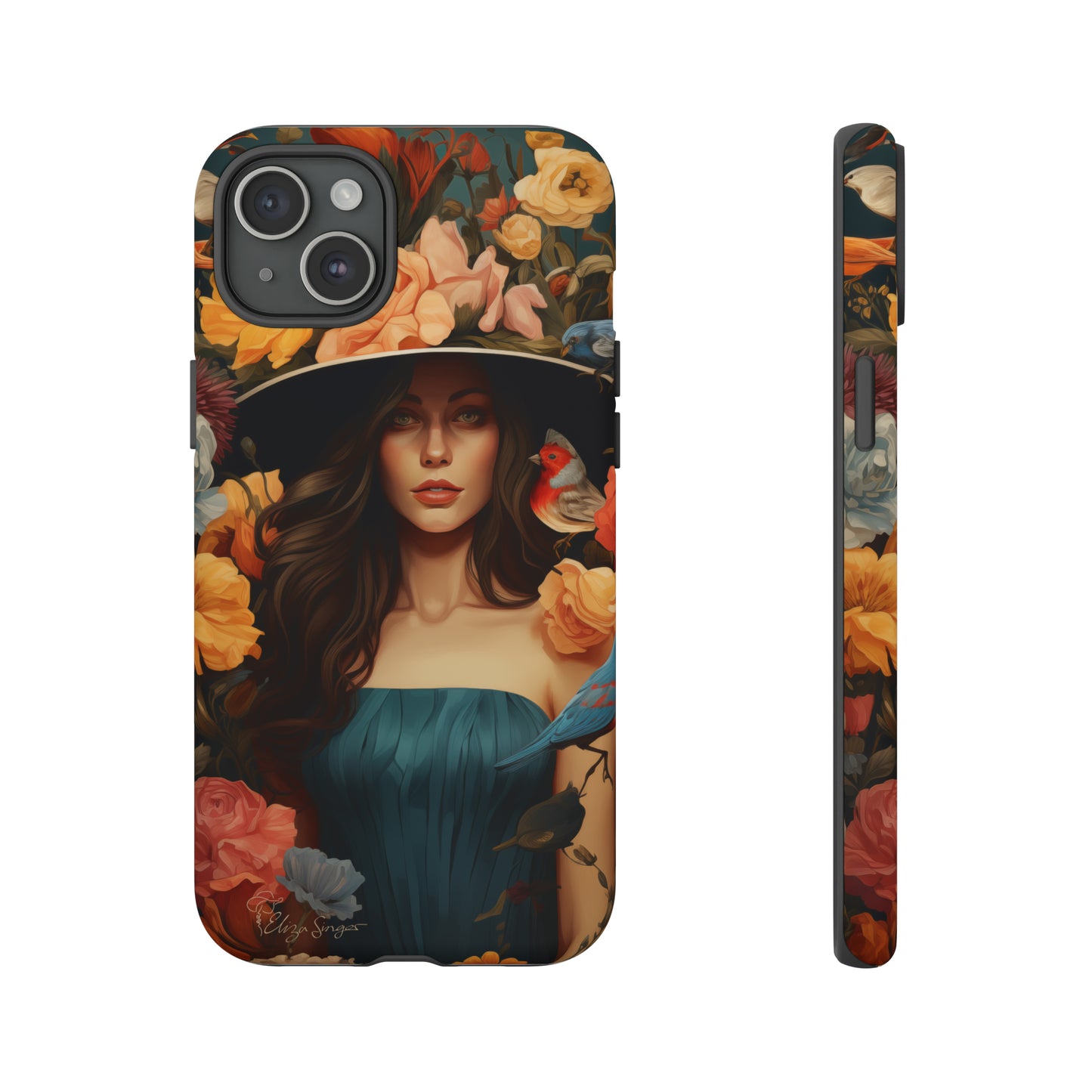 Dark Elegance Unveiled: Explore our Tough Cell Phone Case with a captivating dark background and a woman adorned with a hat amid blooming flowers. This edition seamlessly blends sophistication with robust protection, showcasing the allure of dark elegance. Elevate your style and shield your device. #ElizaSinger #PhoneCase #ElegantProtection