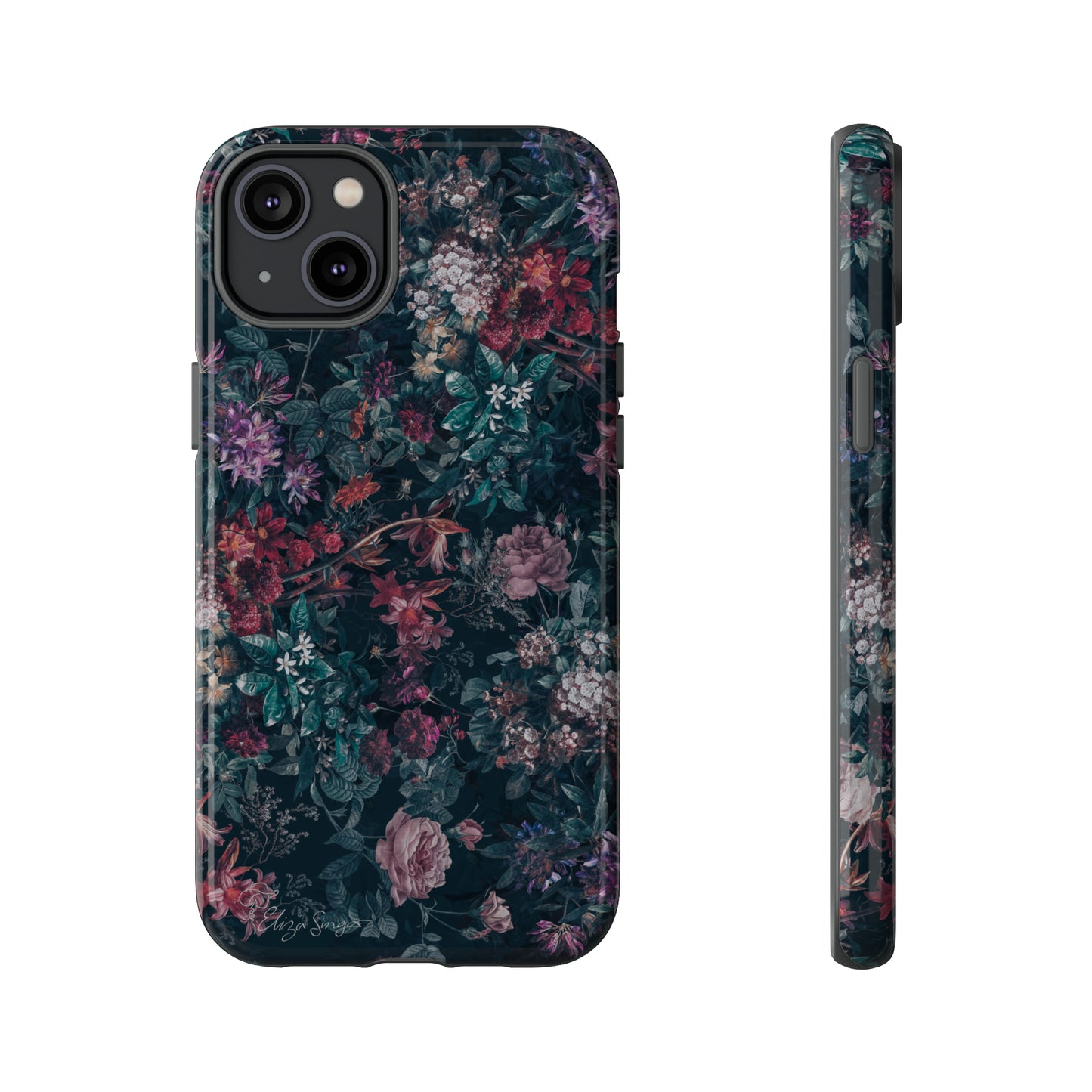 Blooms in Shadows: Botany Floral Dark iPhone Tough Protective Cover. A captivating blend of Flowers in a muted design, compatible with iPhone 15, 14, 13, 12, 11, XS, XR Pro/Max/Mini/P/Plus. Unleash Nature's Elegance with Durability and Style. #ElizaSinger #PhoneCase #FloralDesign