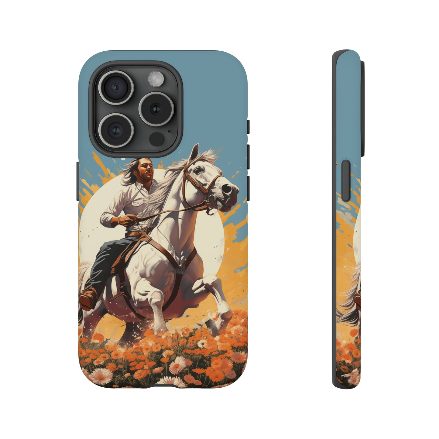 Retro Radiance Unleashed: Behold our Tough Western Cell Phone Case, featuring a vintage white horse and male rider on a vibrant turquoise backdrop. Set in a field of flowers with the sun casting a warm glow, this edition seamlessly blends style with protection. Embrace the past with this retro and stylish accessory. #ElizaSinger #PhoneCase #RetroRadiance