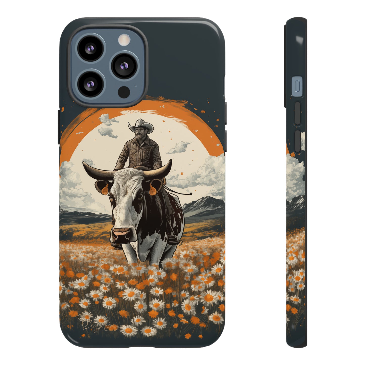 Meet 'Rugged Wrangler': Introducing our Tough Western Cell Phone Case. This unique design seamlessly combines rugged protection with a touch of whimsy, showcasing a fearless cowboy astride a dairy cow amidst a field of vibrant daisies. Elevate your style with this adventurous and protective accessory. #ElizaSinger #PhoneCase #RuggedWrangler