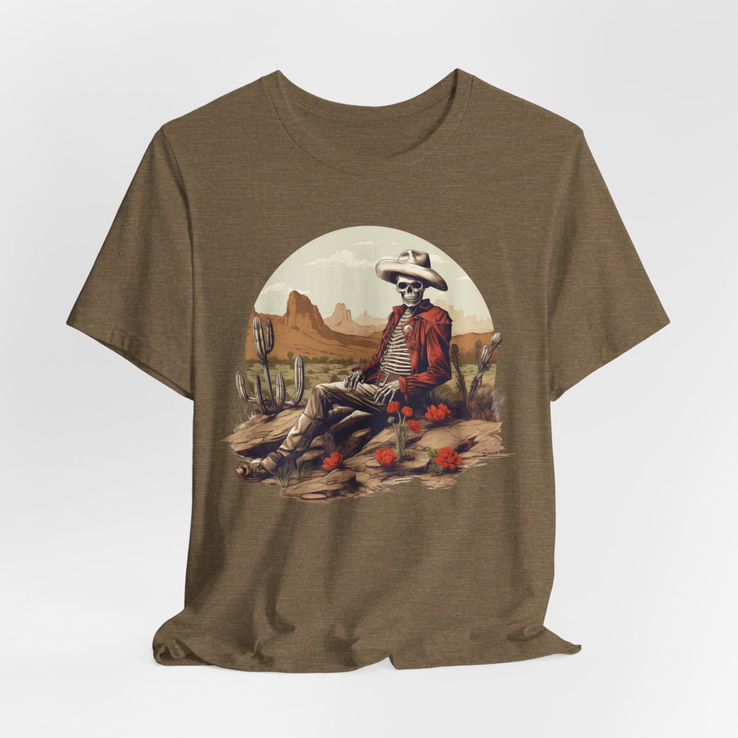 Skeleton Cowboy in Desert: Red Blazer Bella Canvas T-shirt