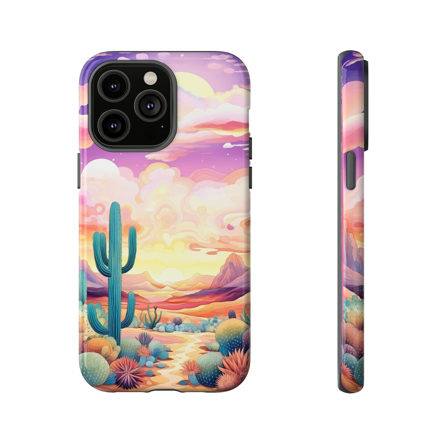 Introducing our Western Tough Cell Phone Case: Psychedelic Desert Dream Edition! Step into a surreal world with a psychedelic desert landscape, dreamy sky, and cactus. This case combines rugged protection with a touch of otherworldly charm.