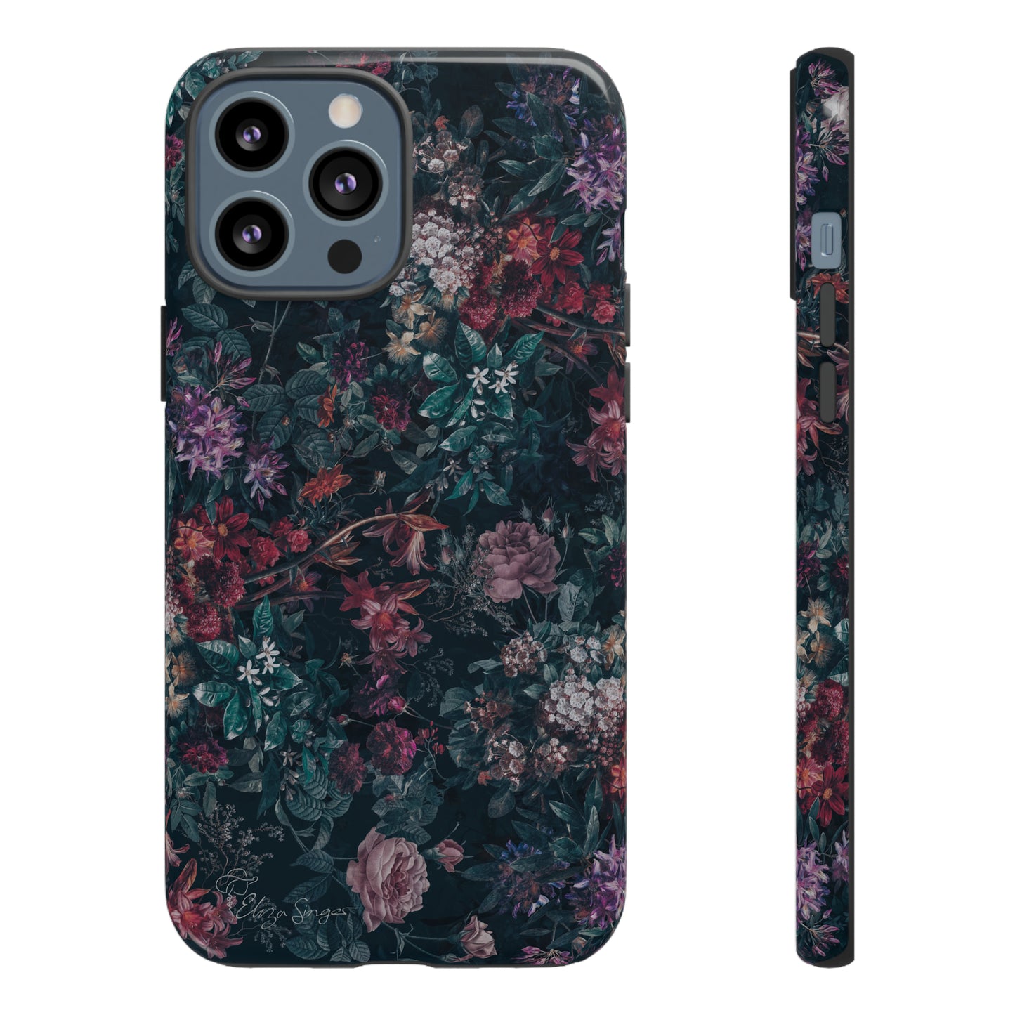 Blooms in Shadows: Botany Floral Dark iPhone Tough Protective Cover. A captivating blend of Flowers in a muted design, compatible with iPhone 15, 14, 13, 12, 11, XS, XR Pro/Max/Mini/P/Plus. Unleash Nature's Elegance with Durability and Style. #ElizaSinger #PhoneCase #FloralDesign