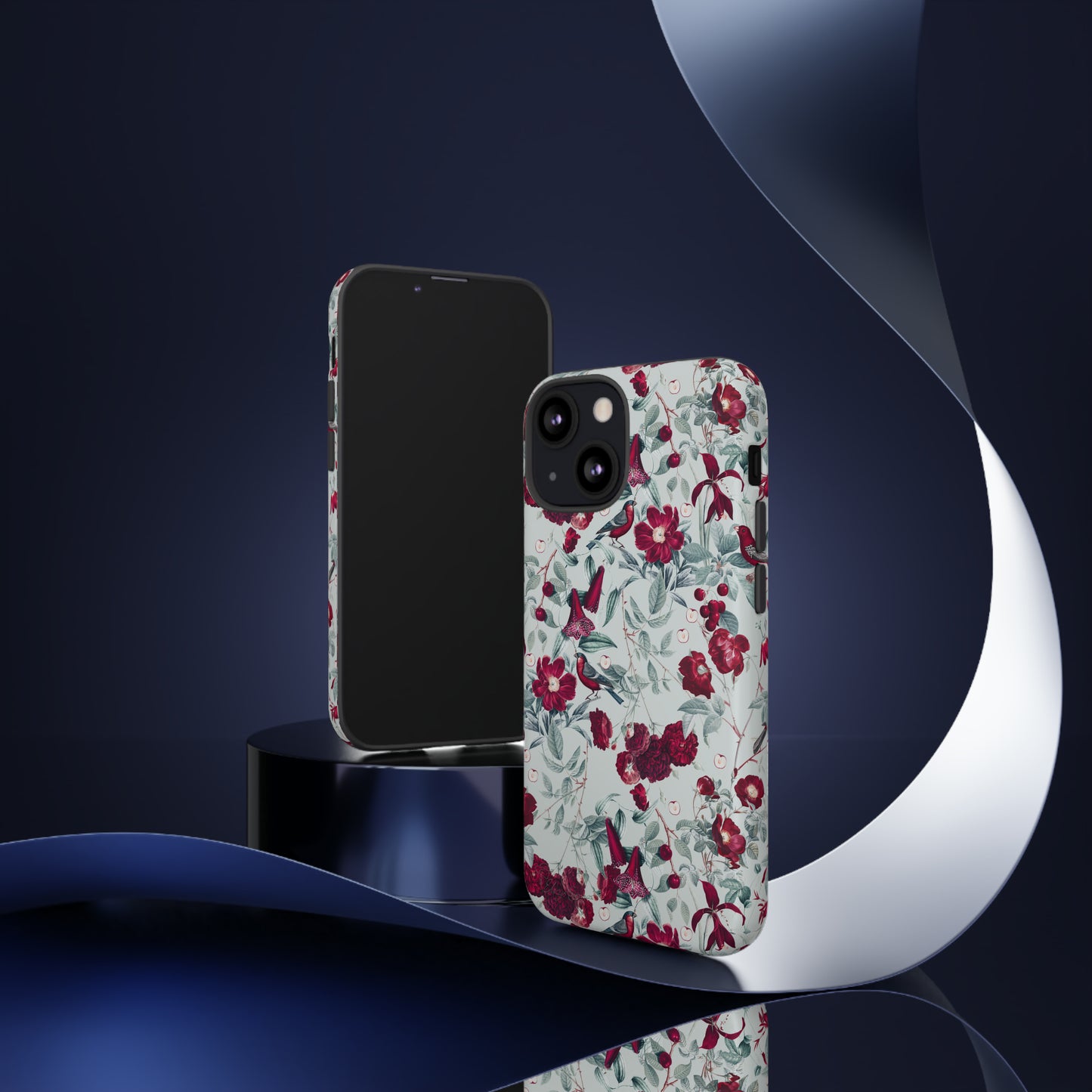Cherry Blossom Serenade: Cherish nature's beauty with 'Cherry Blossom Serenade.' This iPhone case features flowers and burgundy birds on a blue background, creating a captivating floral wildlife bird and flower design. Elevate your device with this enchanting and stylish protective cover. #ElizaSinger #PhoneCase #FloralDesign