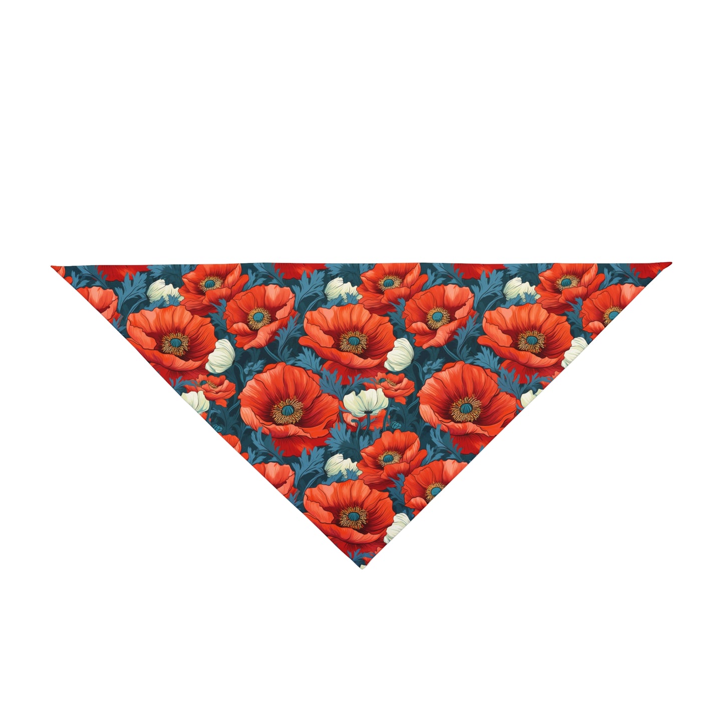 "Step into a field of vibrant charm with our Poppy Fields Dog Bandana/Wild Rag. Red poppies with touches of white on a vibrant blue background create a lively and eye-catching look. Crafted from soft-spun polyester, this bandana/wild rag ensures both comfort and durability. Explore exclusive pet fashion at Eliza Singer, where each piece is a celebration of nature's vibrant beauty, designed for the discerning pet enthusiast.