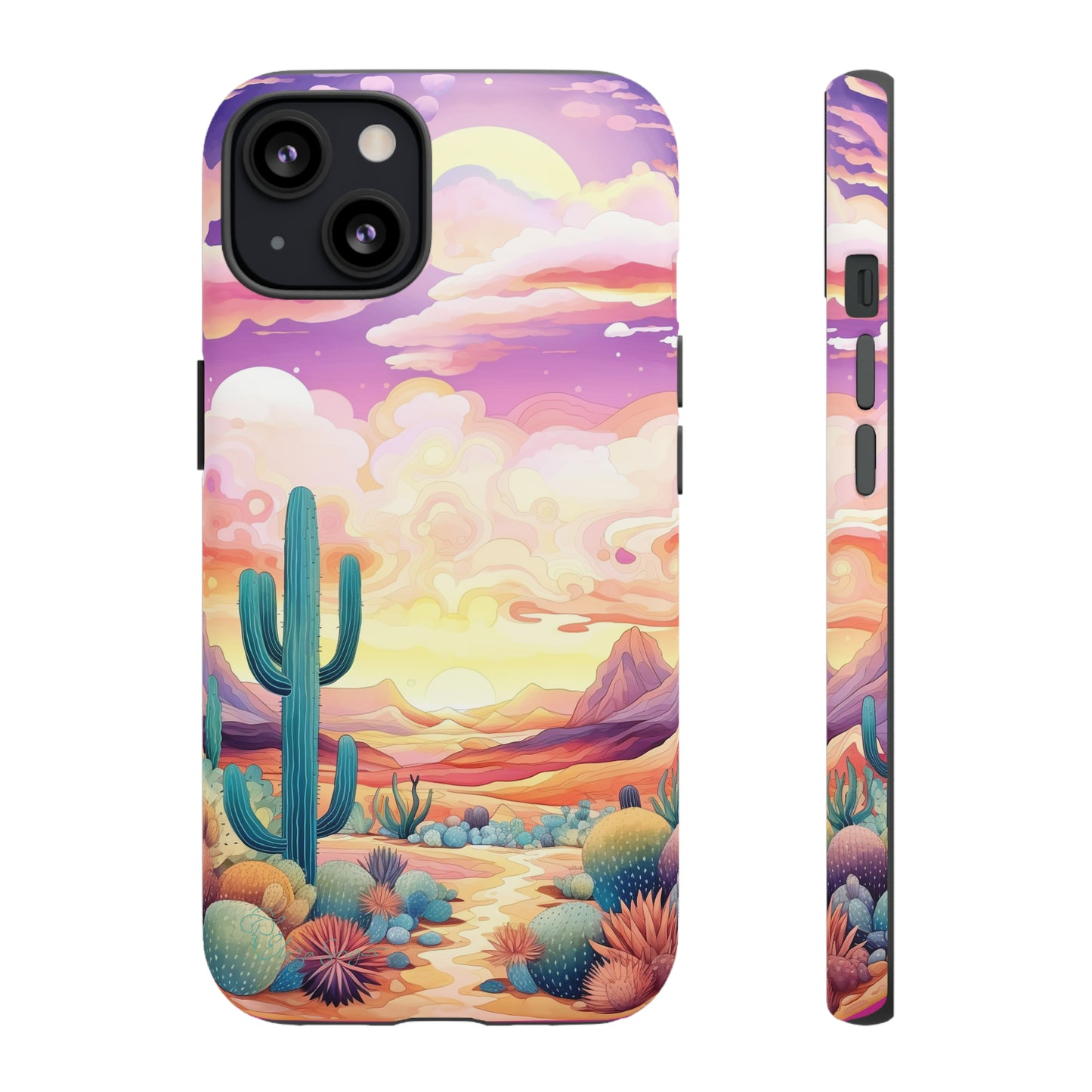 Introducing our Western Tough Cell Phone Case: Psychedelic Desert Dream Edition! Step into a surreal world with a psychedelic desert landscape, dreamy sky, and cactus. This case combines rugged protection with a touch of otherworldly charm.