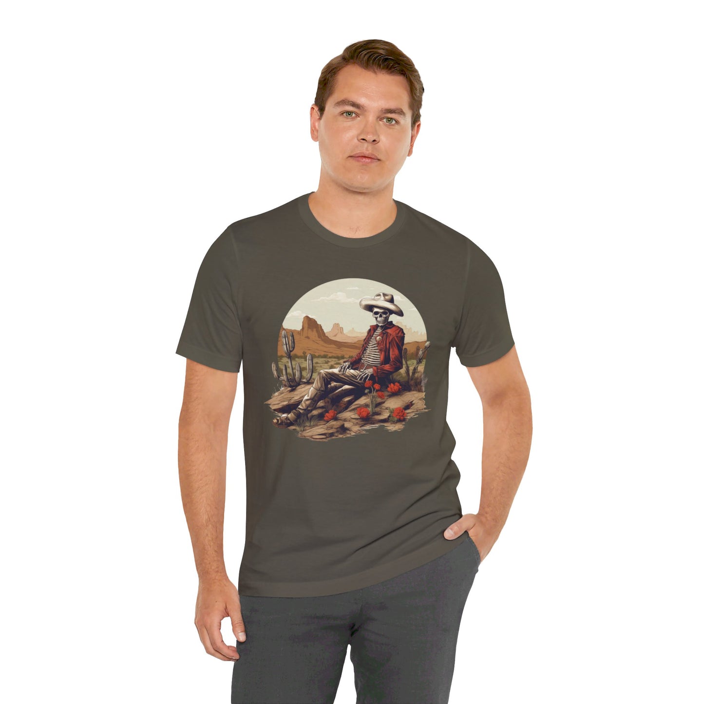 Skeleton Cowboy in Desert: Red Blazer Bella Canvas T-shirt
