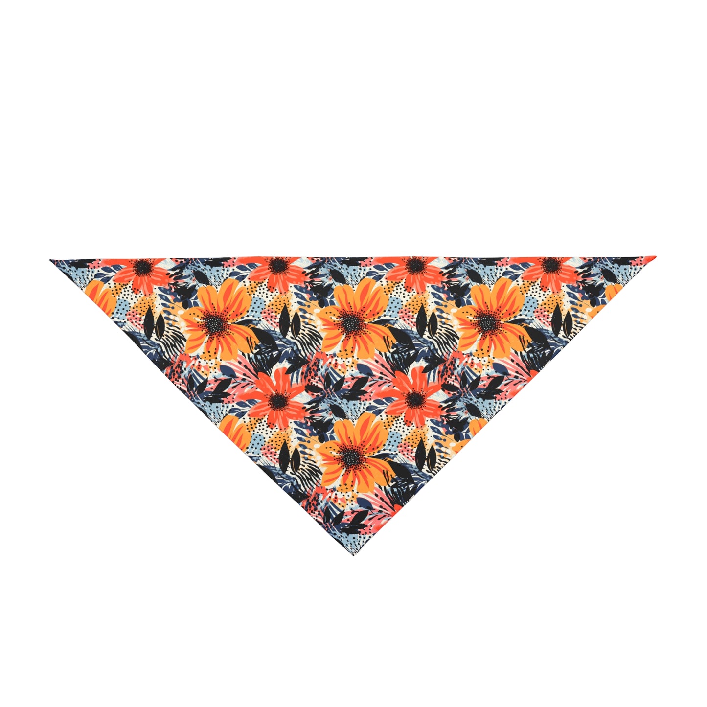 Unleash the beauty of a sunset with our Abstract Sunset Blooms Dog Bandana/Wild Rag. Shades of orange flowers on an abstract background with touches of black create a mesmerizing and artistic look. Crafted from soft-spun polyester, this wild rag ensures comfort and style. Make a bold statement on every adventure with this exclusive design, available only at Eliza Singer.
