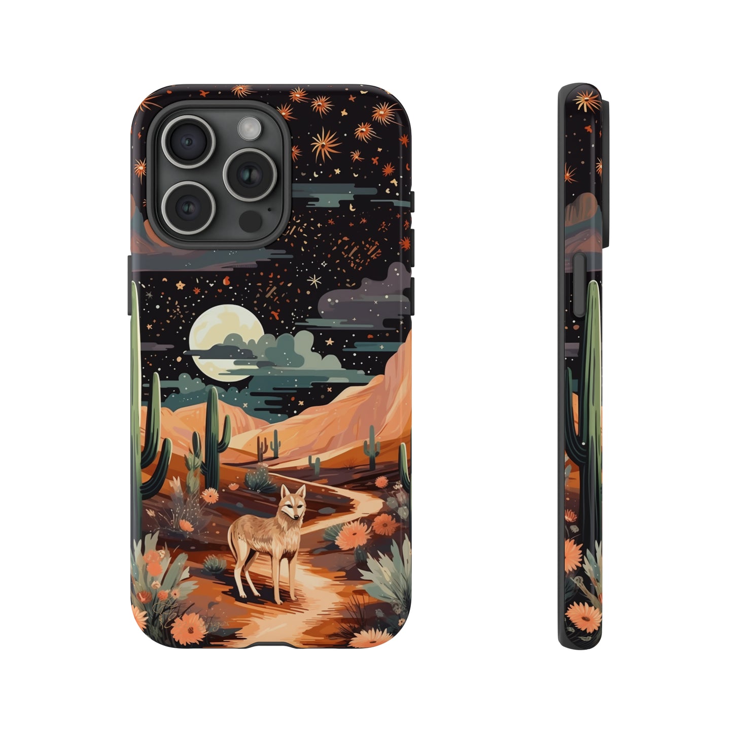Unveiling our Tough Western Cell Phone Case: Stellar Desert Jackal Edition! Embrace the beauty of the night with a jackal in a desert landscape, under a starry sky, surrounded by cacti. This case provides rugged protection with a touch of celestial elegance.