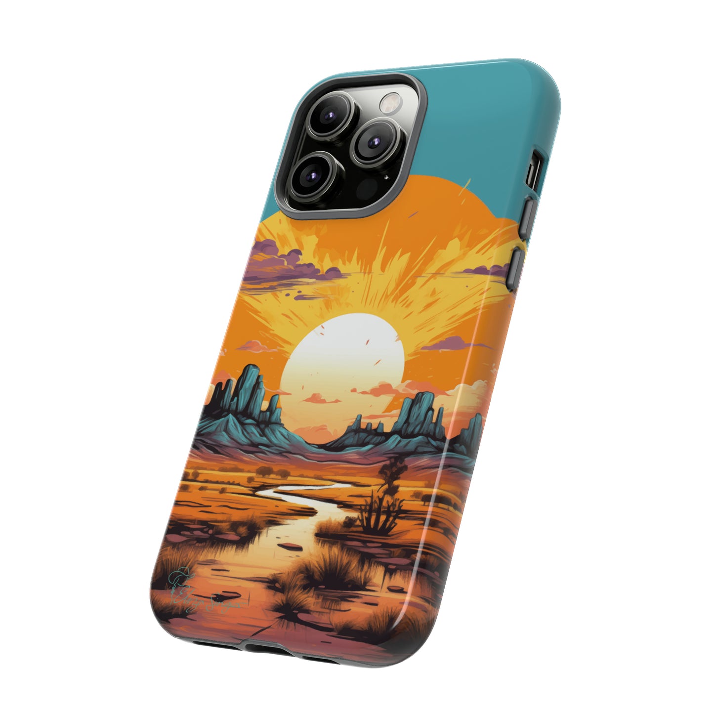 Introducing our Tough Western Cell Phone Case: Turquoise Twilight Oasis Edition! This captivating design showcases a serene landscape with a turquoise background and a mesmerizing setting sun. Enjoy the perfect blend of rugged protection and artistic flair.