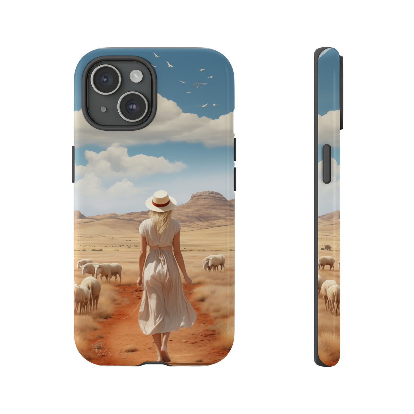 Serenity in Hand: Our Tough Western Cell Phone Case invites you to experience tranquility. A vintage painted design portrays a woman in a skirt and hat walking on a dirt road through a prairie, with grazing sheep. Let the vanishing horizon captivate your senses. Elevate your phone with timeless beauty. #ElizaSinger #PhoneCase
