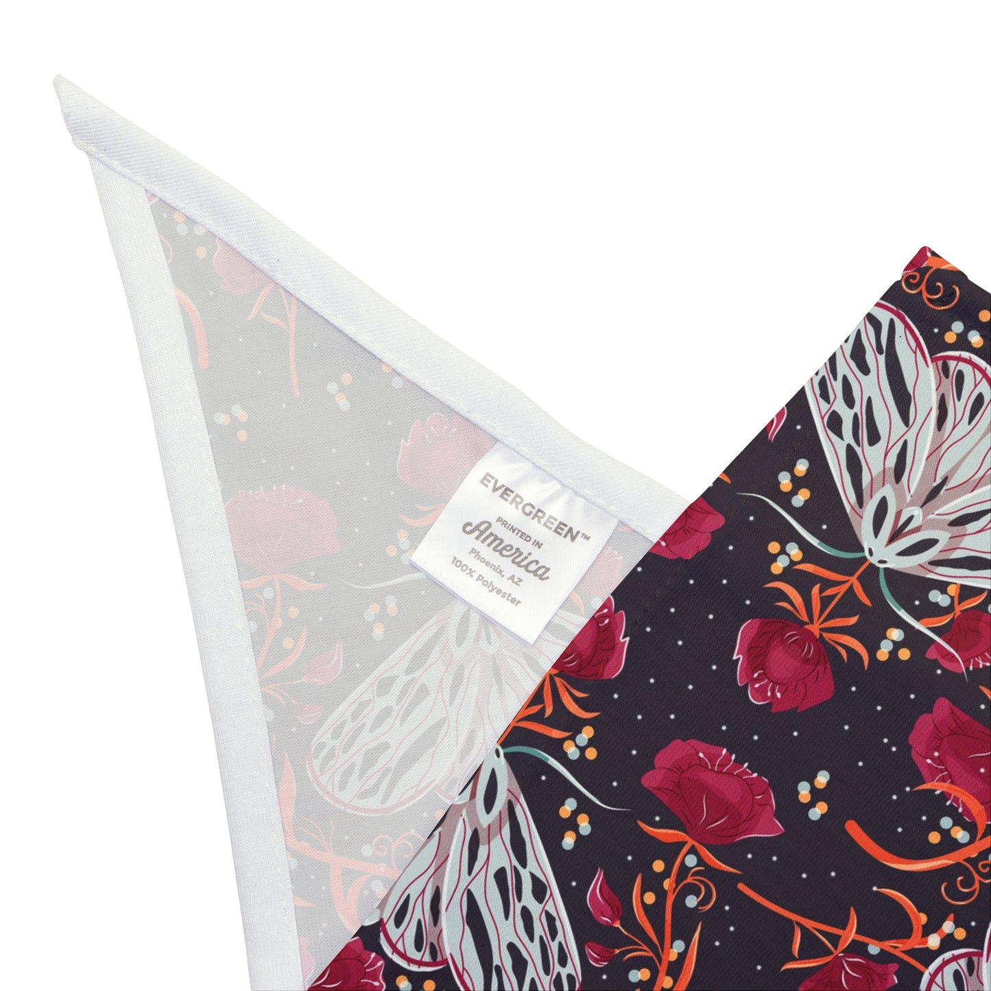 Unleash a touch of mystery with our Night Moth Dog Bandana/Wild Rag. The beautiful dark navy background adorned with grey moths, burgundy flowers, and orange-y branches creates an enchanting and captivating look. Crafted from soft-spun polyester, this wild rag ensures comfort and style. Make every outdoor escapade magical with this exclusive design, available only at Eliza Singer.