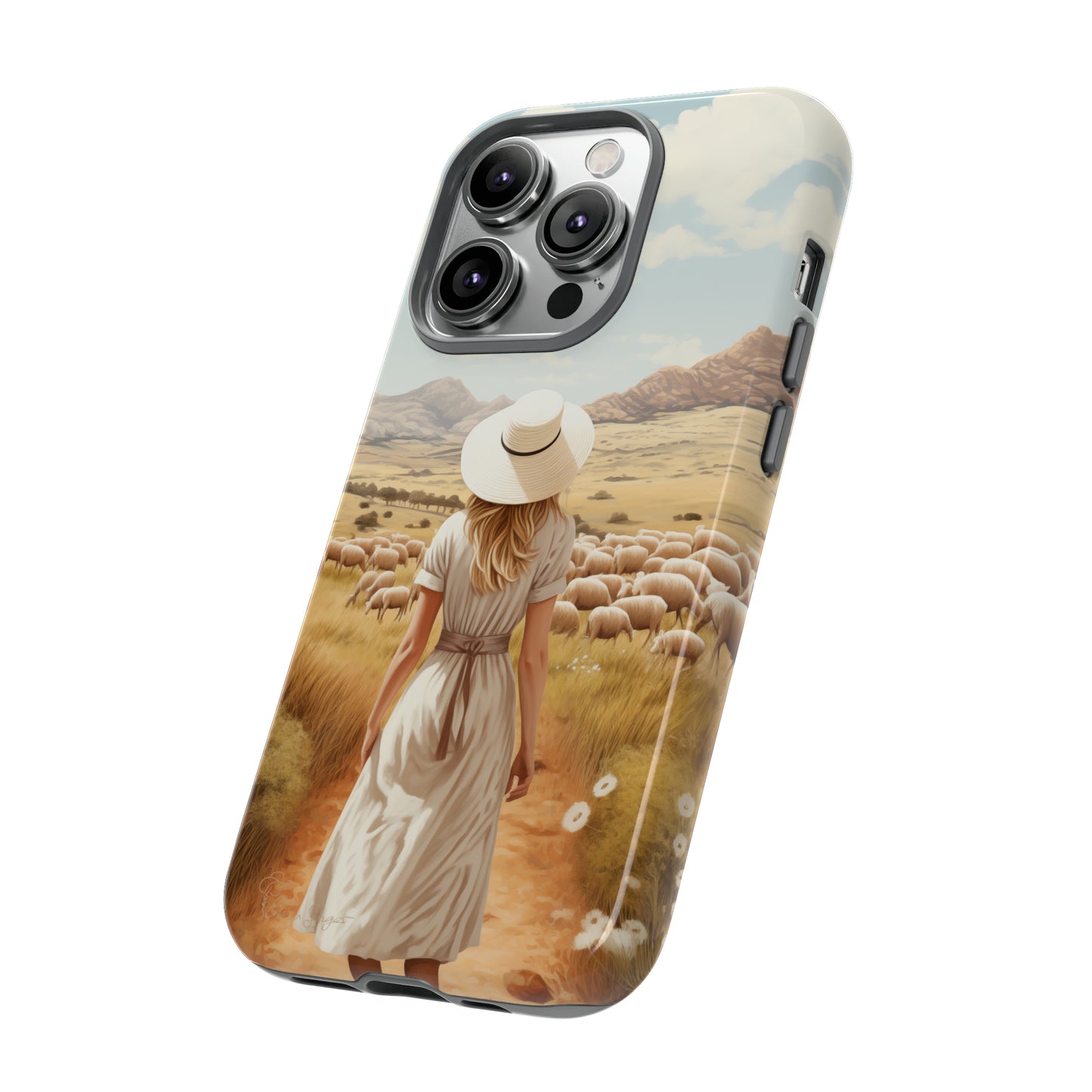 Dreamy Nostalgia: Immerse yourself in a vintage painted landscape with our Tough Western Cell Phone Case. Adorned with a woman in a hat strolling through a prairie with sheep, this edition captures the magic of the past. Elevate your phone with timeless charm. #ElizaSinger #PhoneCase