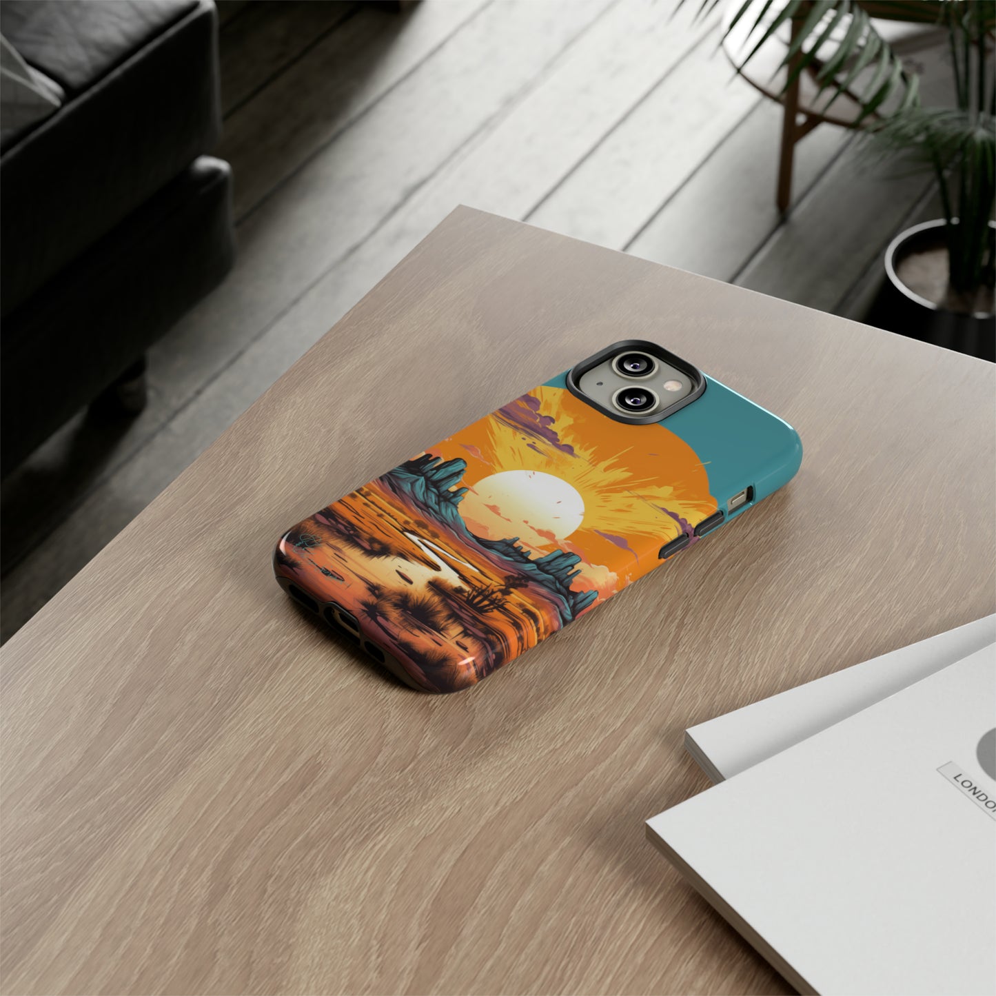 Introducing our Tough Western Cell Phone Case: Turquoise Twilight Oasis Edition! This captivating design showcases a serene landscape with a turquoise background and a mesmerizing setting sun. Enjoy the perfect blend of rugged protection and artistic flair.