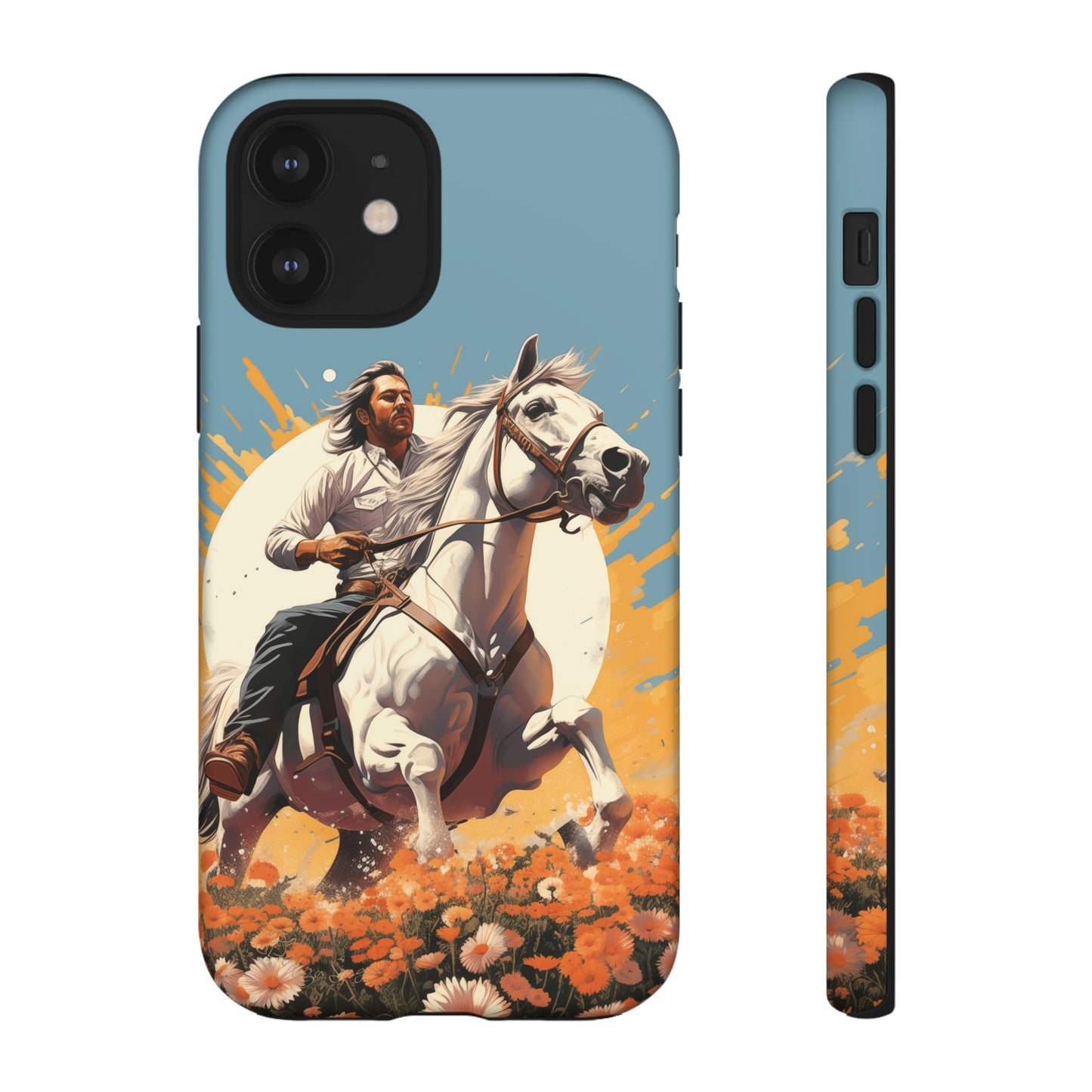 Retro Radiance Unleashed: Behold our Tough Western Cell Phone Case, featuring a vintage white horse and male rider on a vibrant turquoise backdrop. Set in a field of flowers with the sun casting a warm glow, this edition seamlessly blends style with protection. Embrace the past with this retro and stylish accessory. #ElizaSinger #PhoneCase #RetroRadiance
