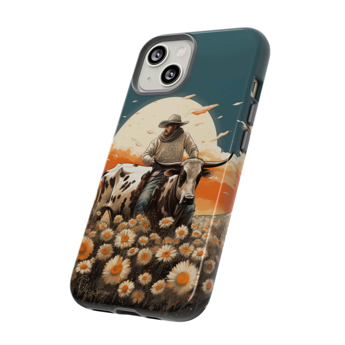 Harmony of Contrasts: Dive into our Tough Cell Phone Case, a visual symphony featuring a bullrider on a black and white dairy cow amidst a vibrant field of flowers. This edition effortlessly merges toughness with artistic flair, offering a unique and captivating contrast. Elevate your phone with rugged elegance. #ElizaSinger #PhoneCase #ContrastHarmony