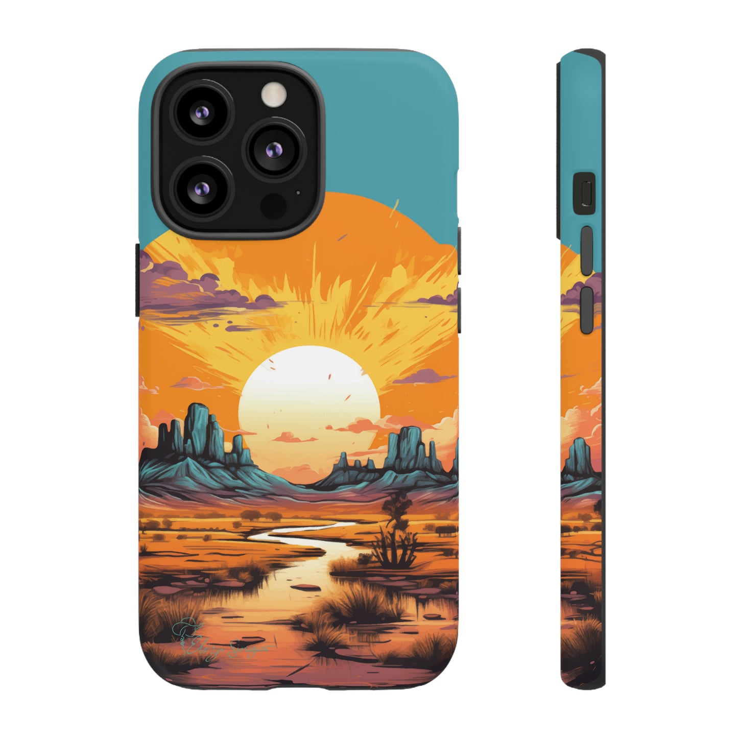 Introducing our Tough Western Cell Phone Case: Turquoise Twilight Oasis Edition! This captivating design showcases a serene landscape with a turquoise background and a mesmerizing setting sun. Enjoy the perfect blend of rugged protection and artistic flair.