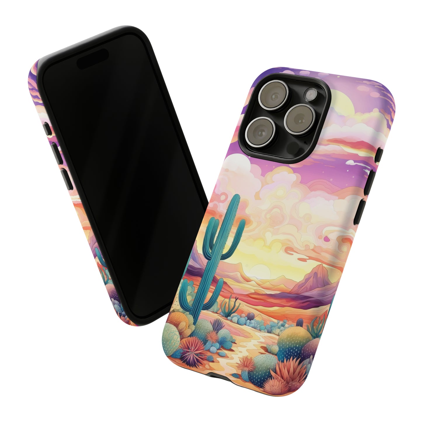 Introducing our Western Tough Cell Phone Case: Psychedelic Desert Dream Edition! Step into a surreal world with a psychedelic desert landscape, dreamy sky, and cactus. This case combines rugged protection with a touch of otherworldly charm.