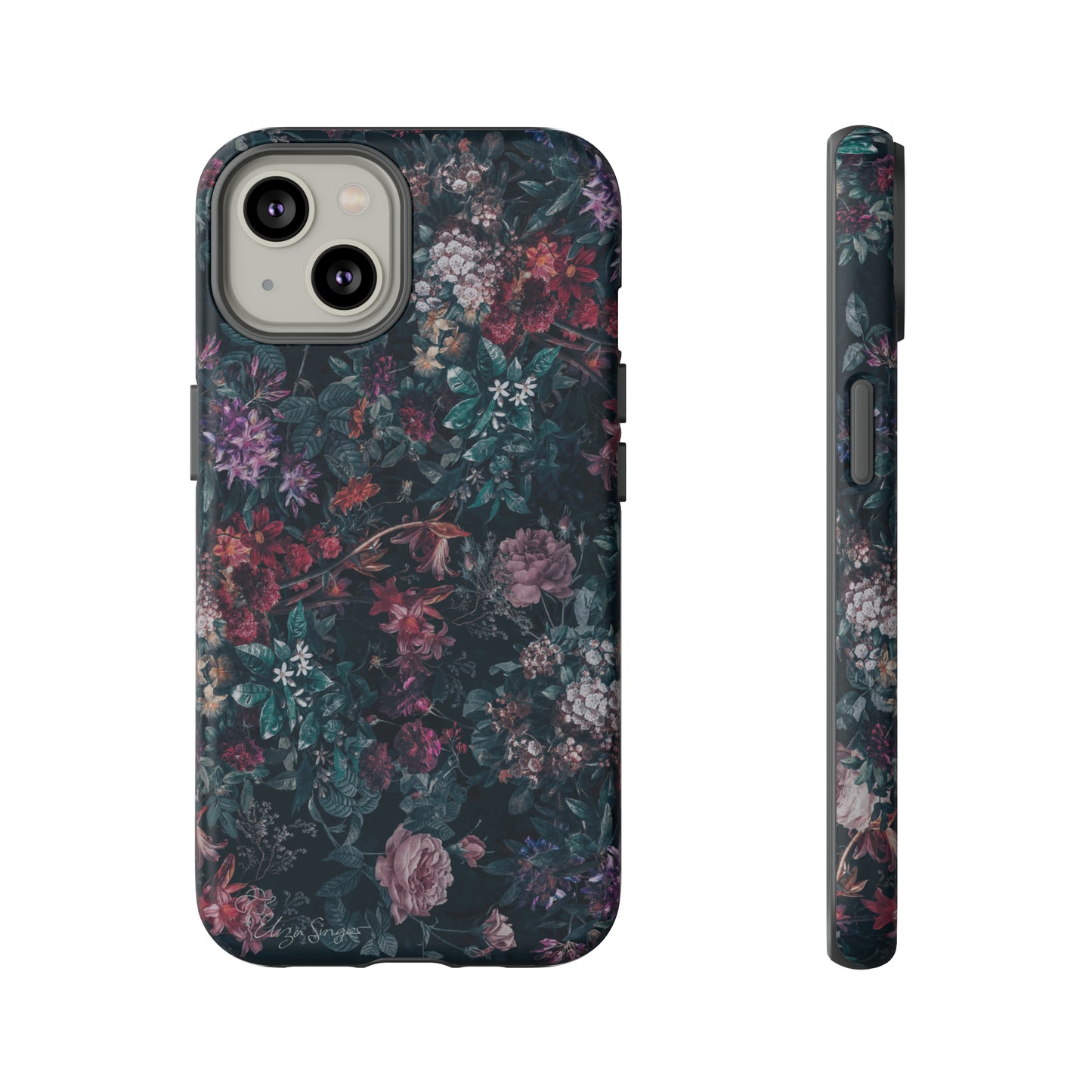 Blooms in Shadows: Botany Floral Dark iPhone Tough Protective Cover. A captivating blend of Flowers in a muted design, compatible with iPhone 15, 14, 13, 12, 11, XS, XR Pro/Max/Mini/P/Plus. Unleash Nature's Elegance with Durability and Style. #ElizaSinger #PhoneCase #FloralDesign