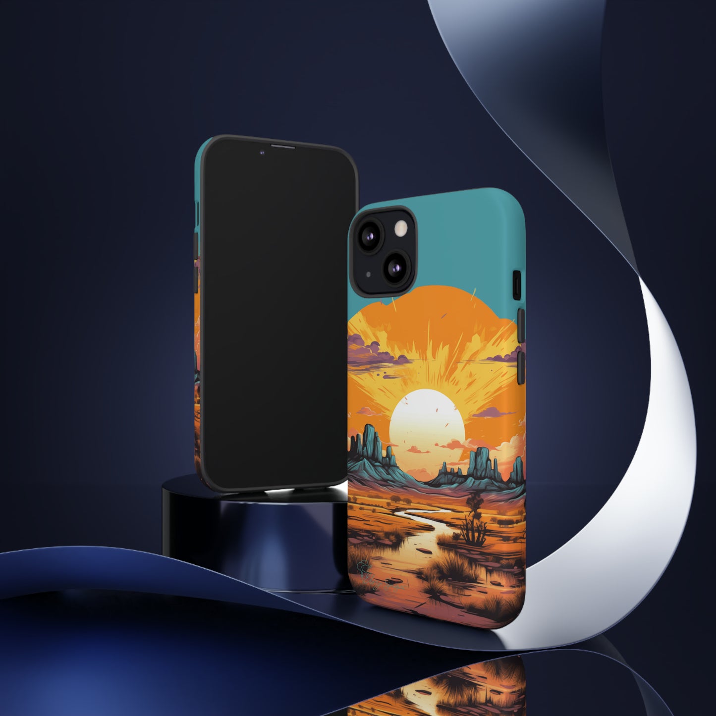 Introducing our Tough Western Cell Phone Case: Turquoise Twilight Oasis Edition! This captivating design showcases a serene landscape with a turquoise background and a mesmerizing setting sun. Enjoy the perfect blend of rugged protection and artistic flair.